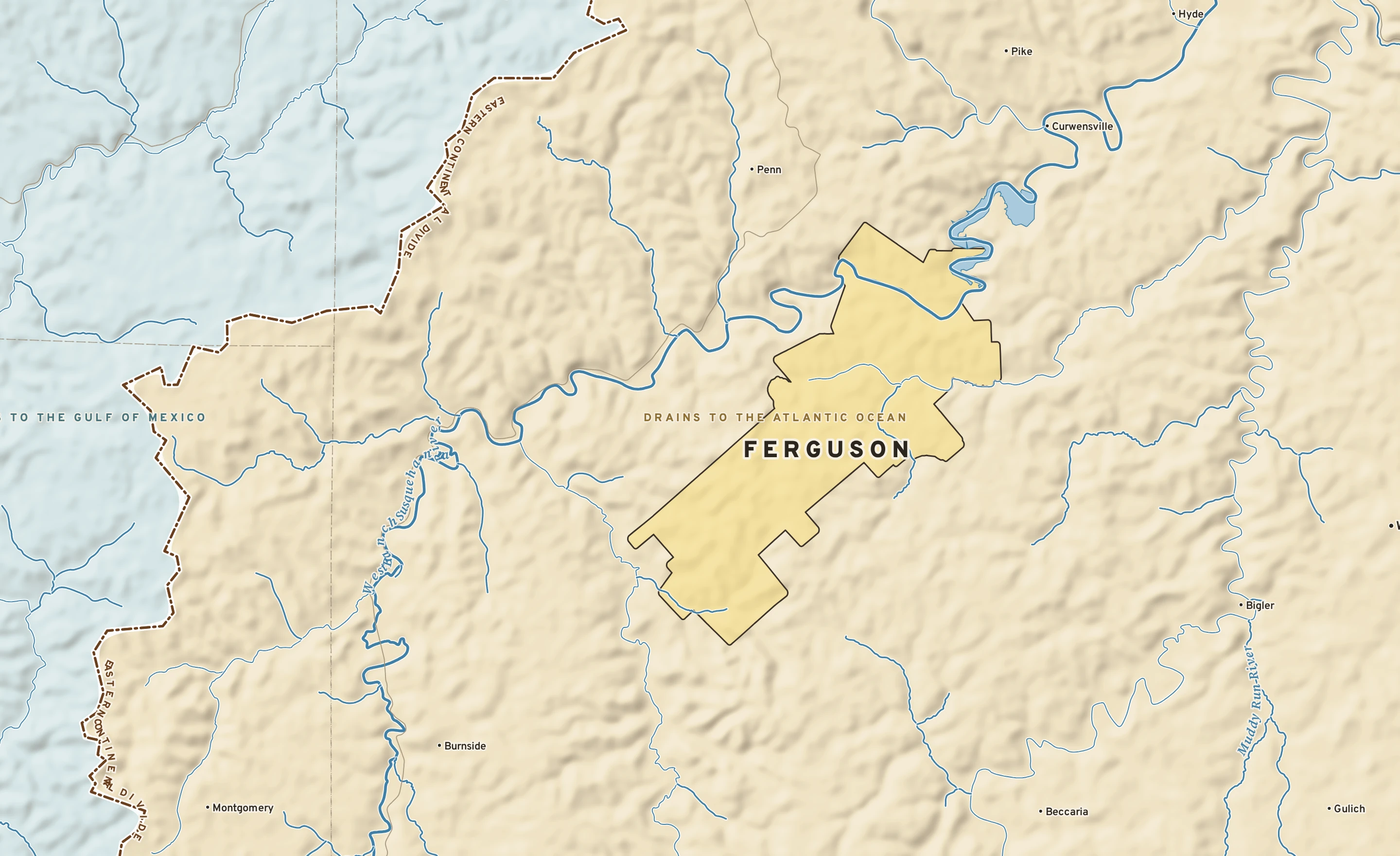 Shaded-relief atlas plate of Ferguson, Pennsylvania: rivers, roads, the city limits and where the water drains.