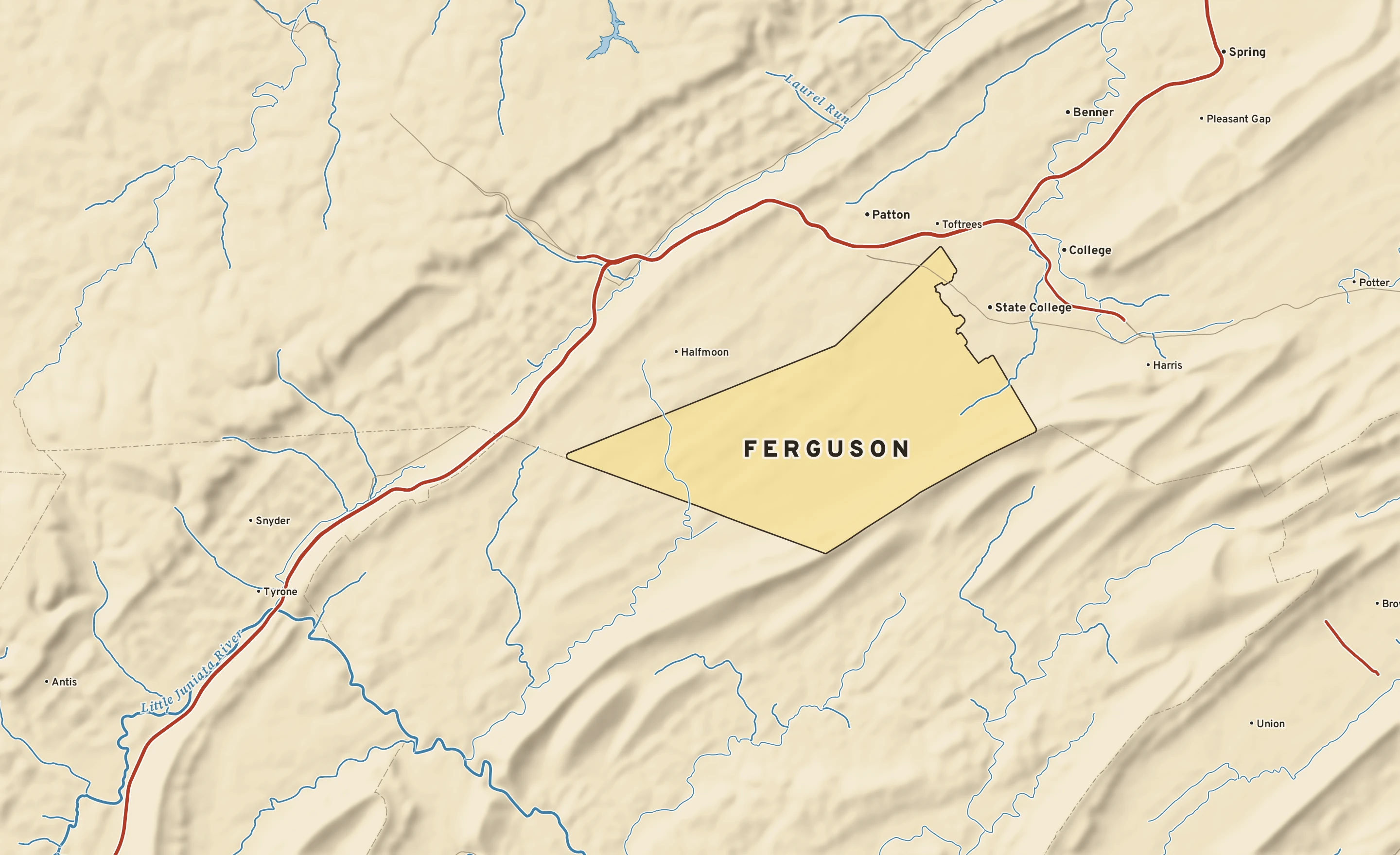 Shaded-relief atlas plate of Ferguson, Pennsylvania: rivers, roads, the city limits and where the water drains.