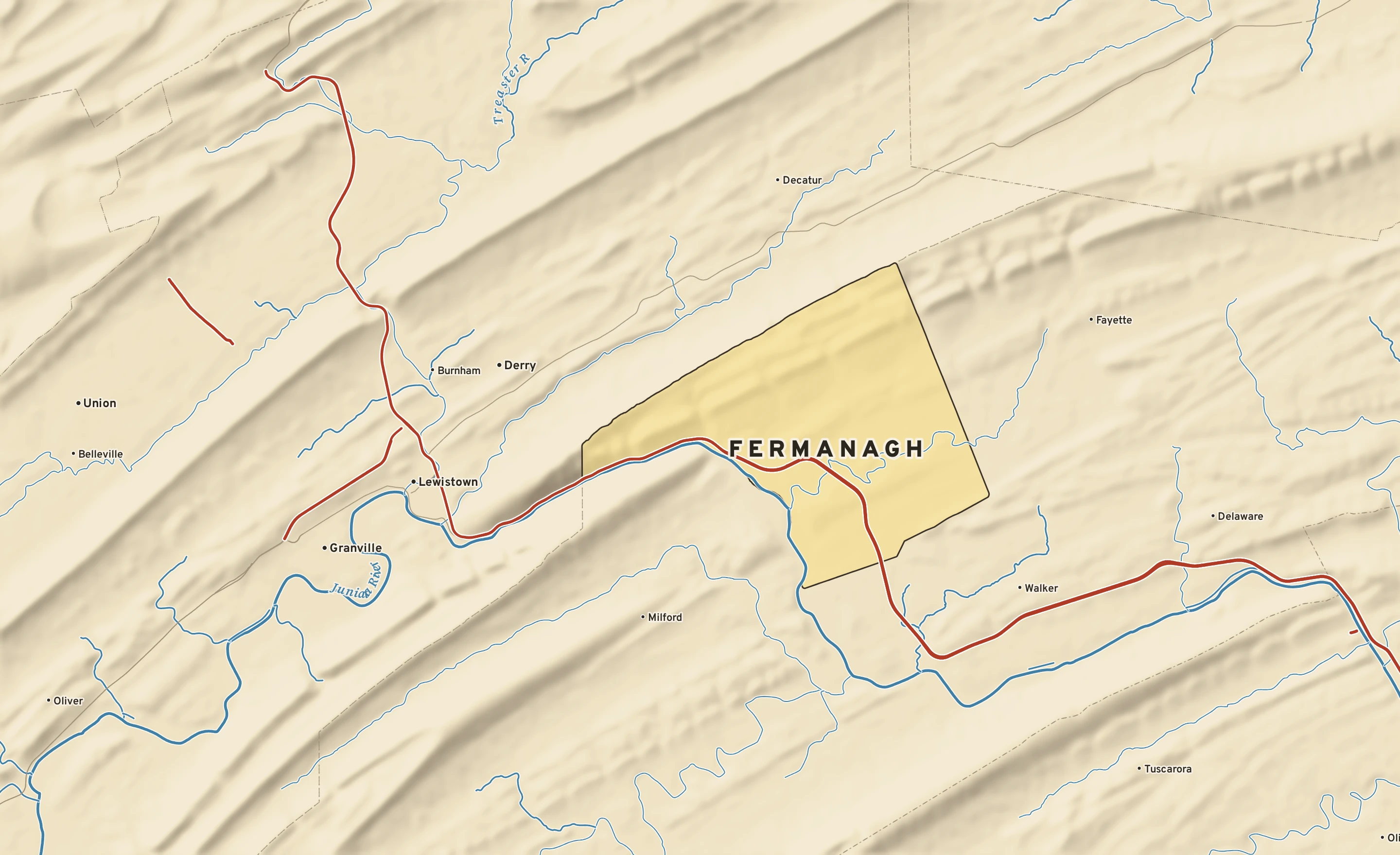 Shaded-relief atlas plate of Fermanagh, Pennsylvania: rivers, roads, the city limits and where the water drains.