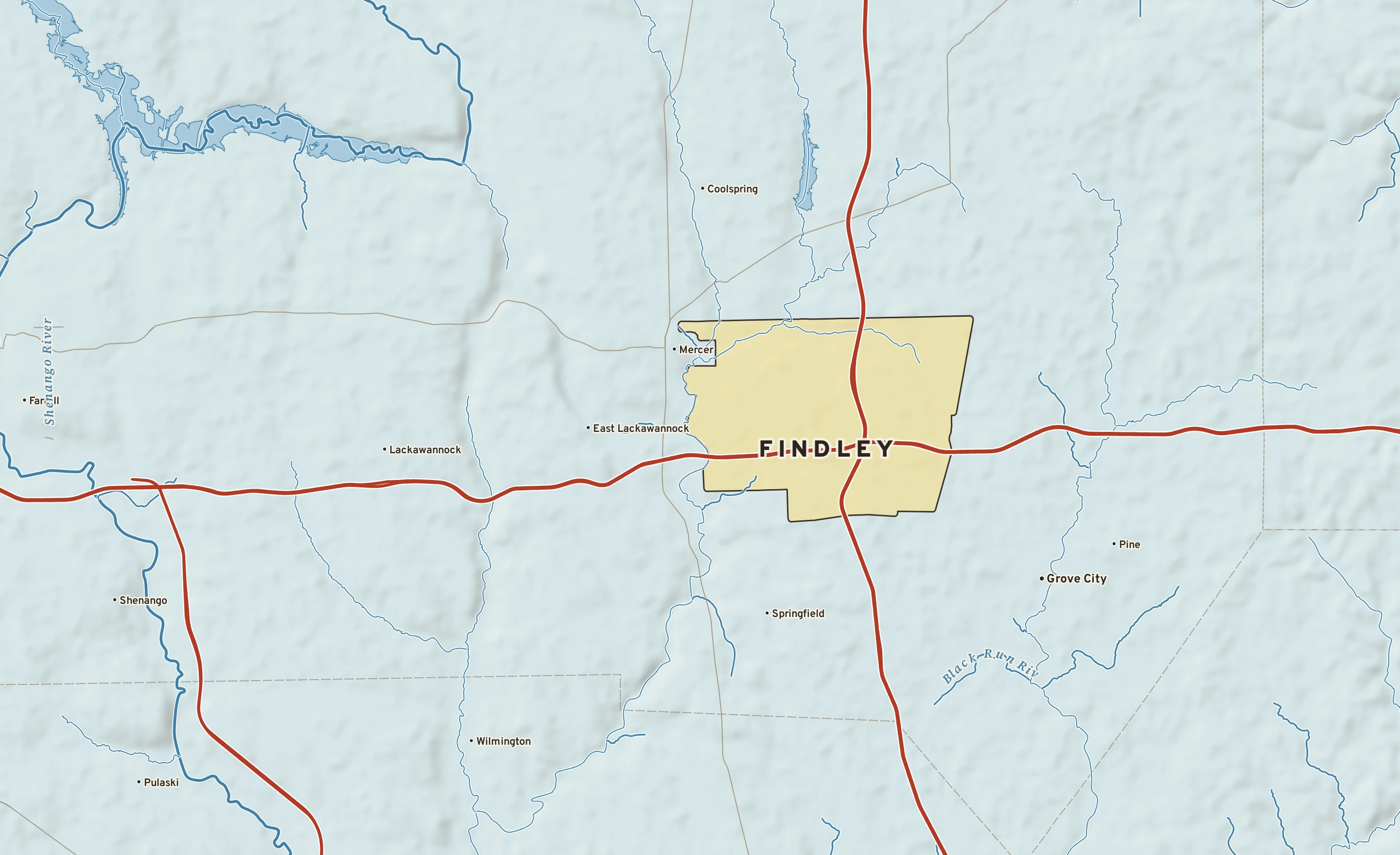 Shaded-relief atlas plate of Findley, Pennsylvania: rivers, roads, the city limits and where the water drains.