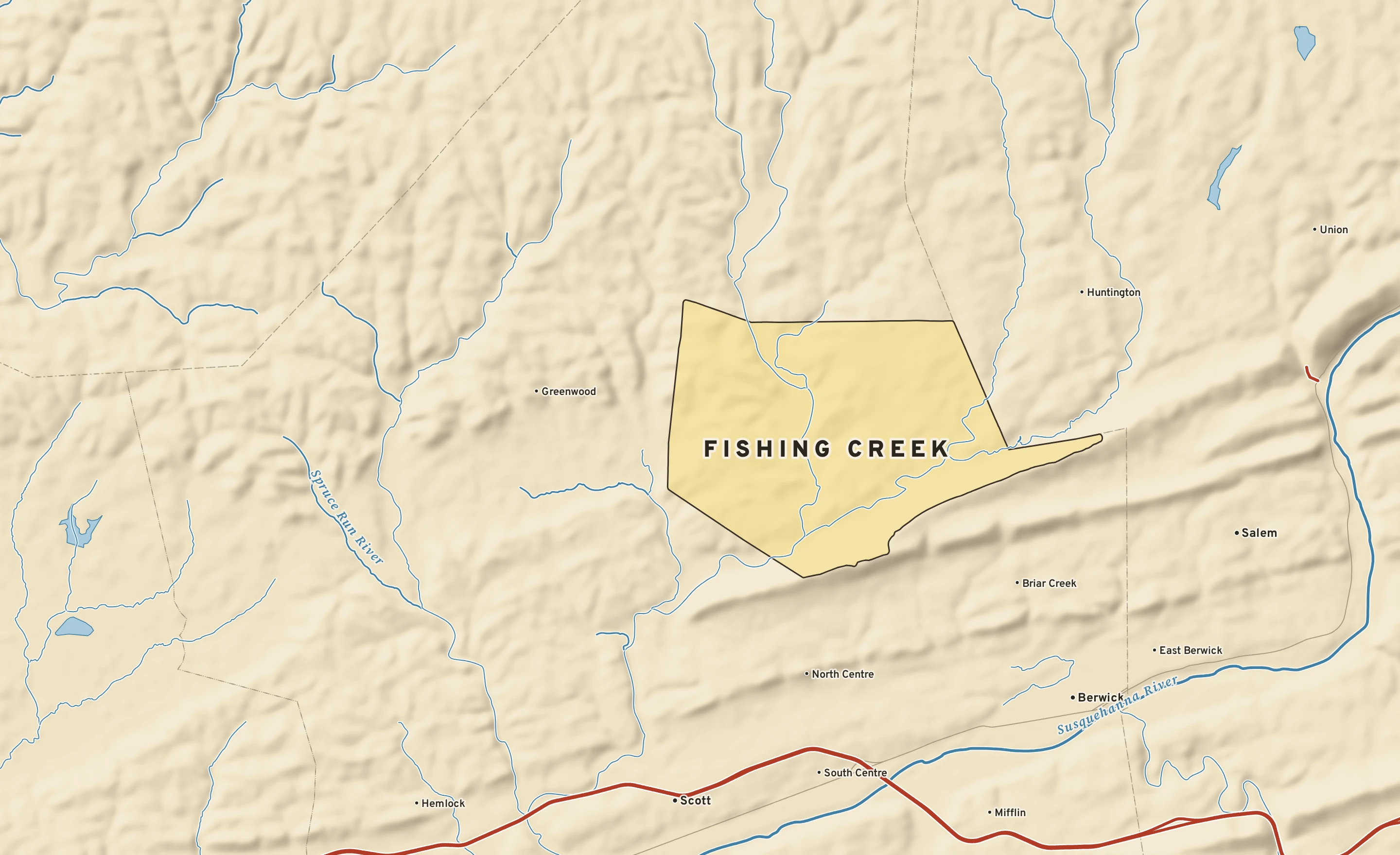 Shaded-relief atlas plate of Fishing Creek, Pennsylvania: rivers, roads, the city limits and where the water drains.