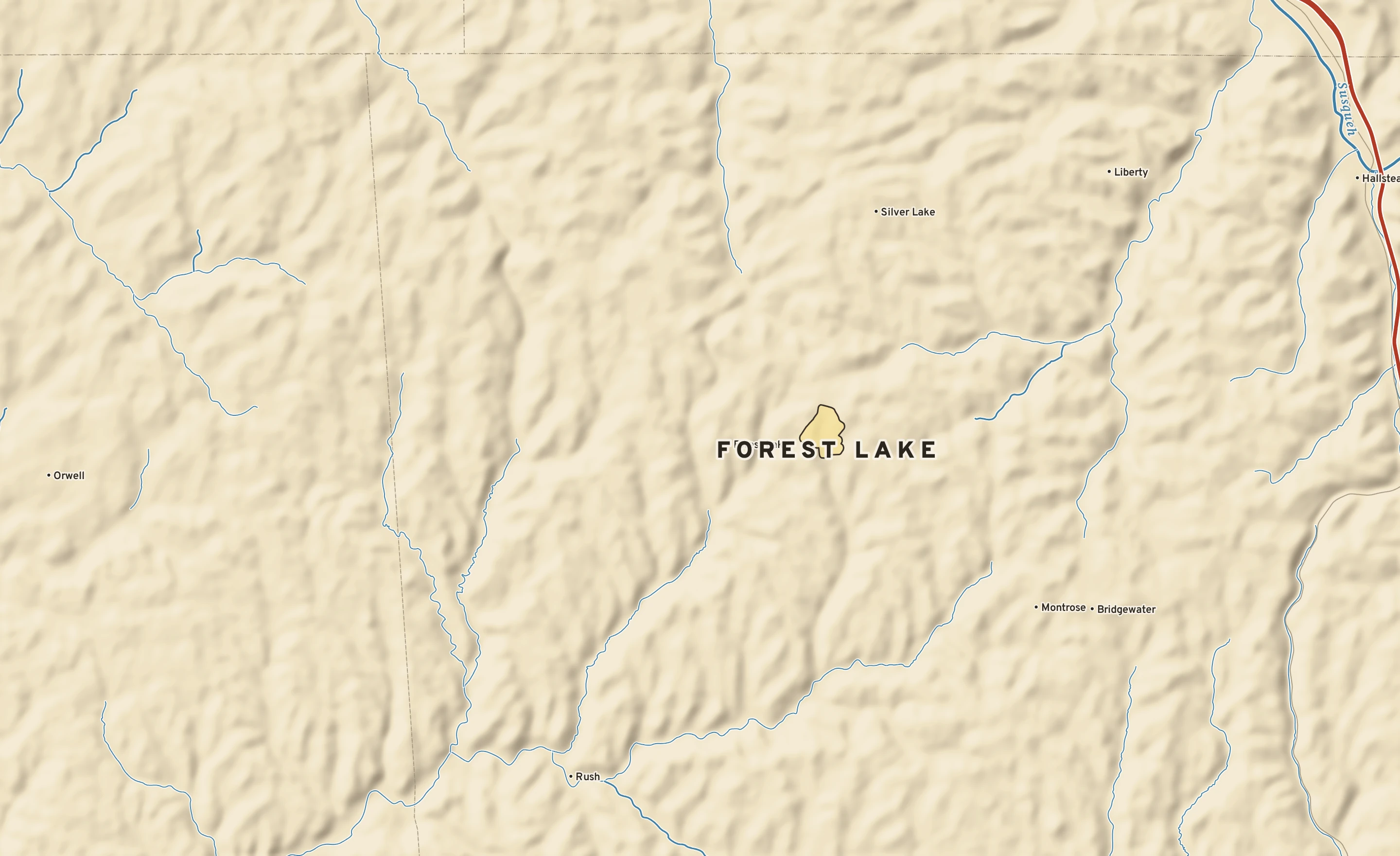 Shaded-relief atlas plate of Forest Lake, Pennsylvania: rivers, roads, the city limits and where the water drains.