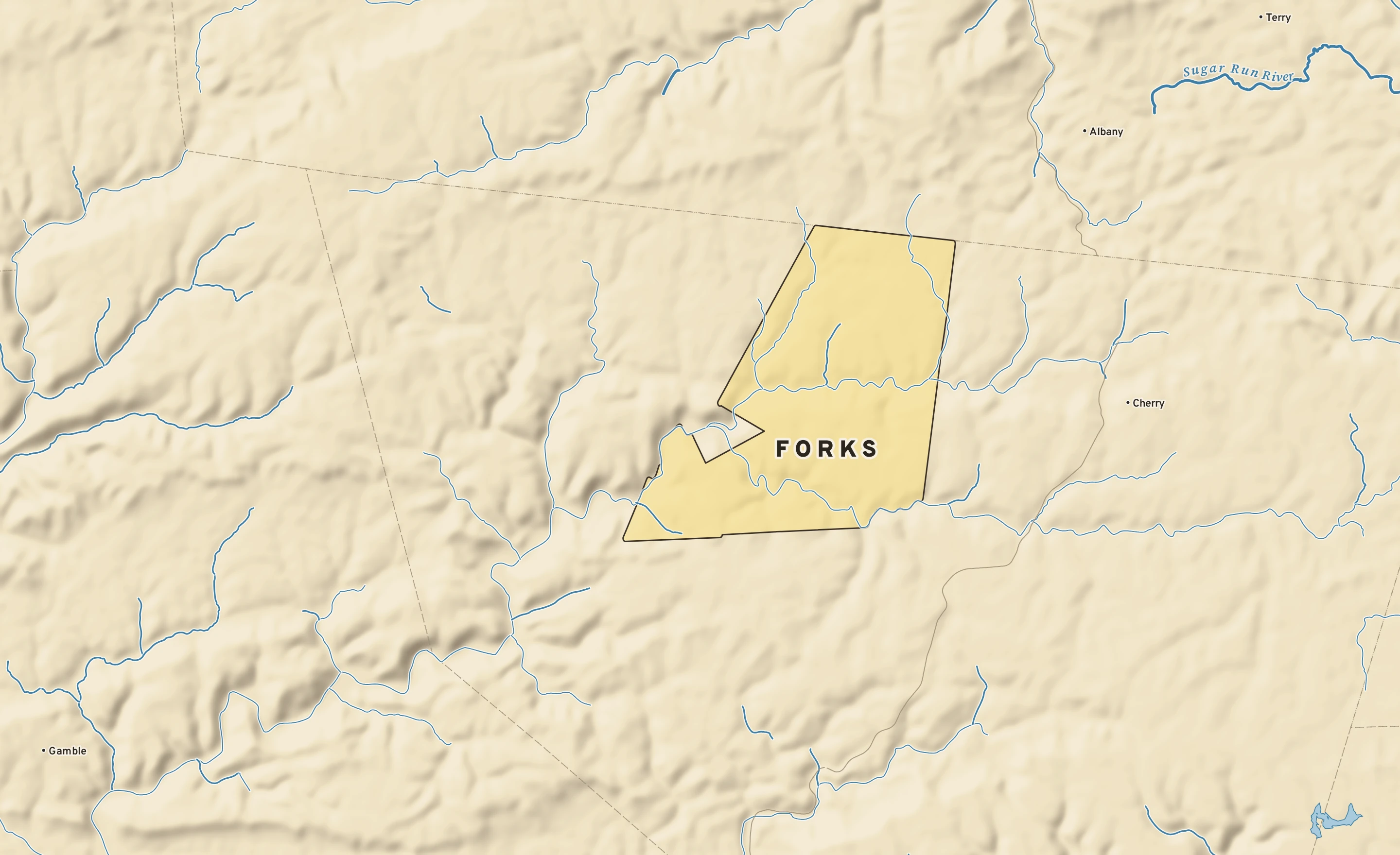 Shaded-relief atlas plate of Forks, Pennsylvania: rivers, roads, the city limits and where the water drains.