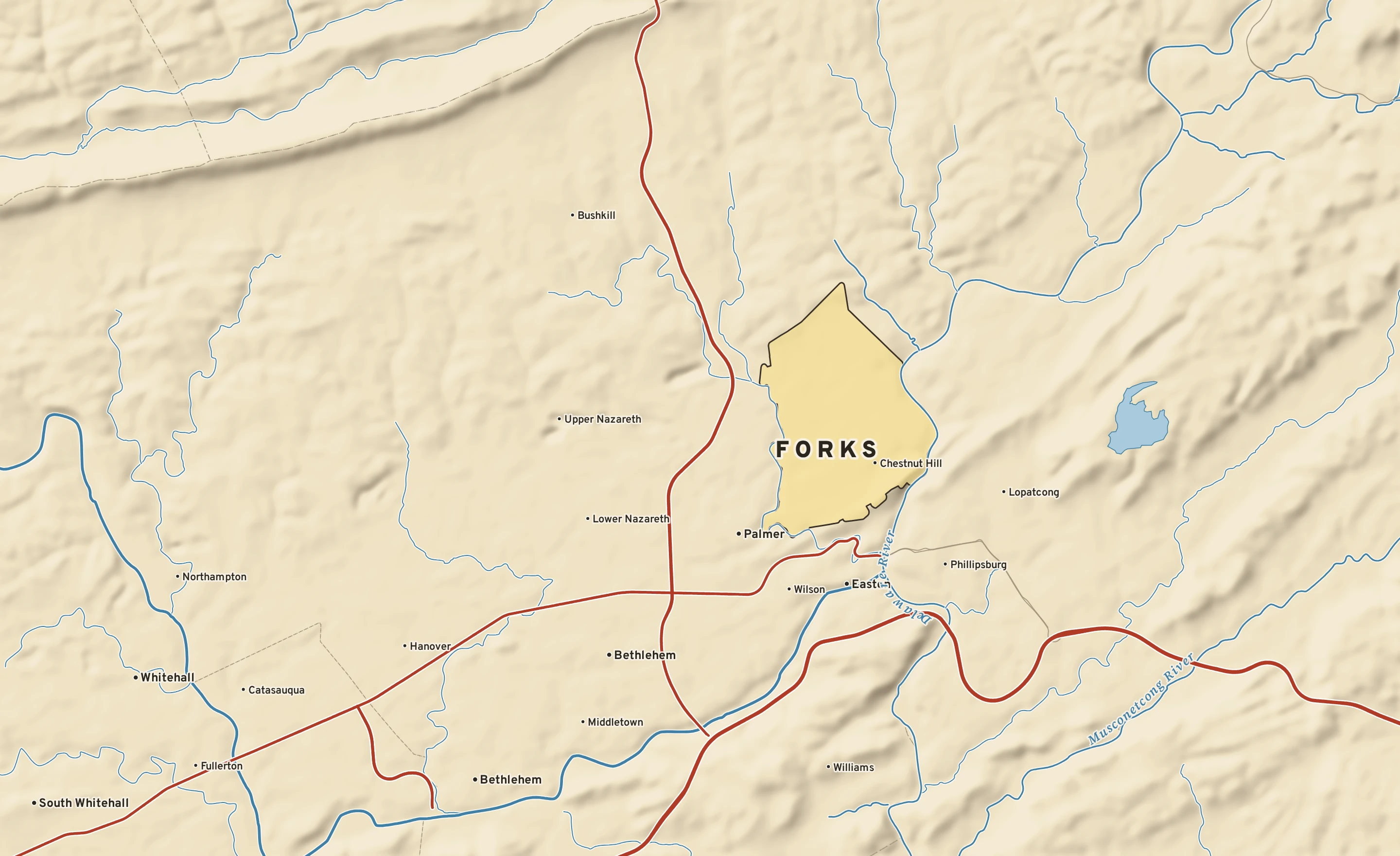 Shaded-relief atlas plate of Forks, Pennsylvania: rivers, roads, the city limits and where the water drains.