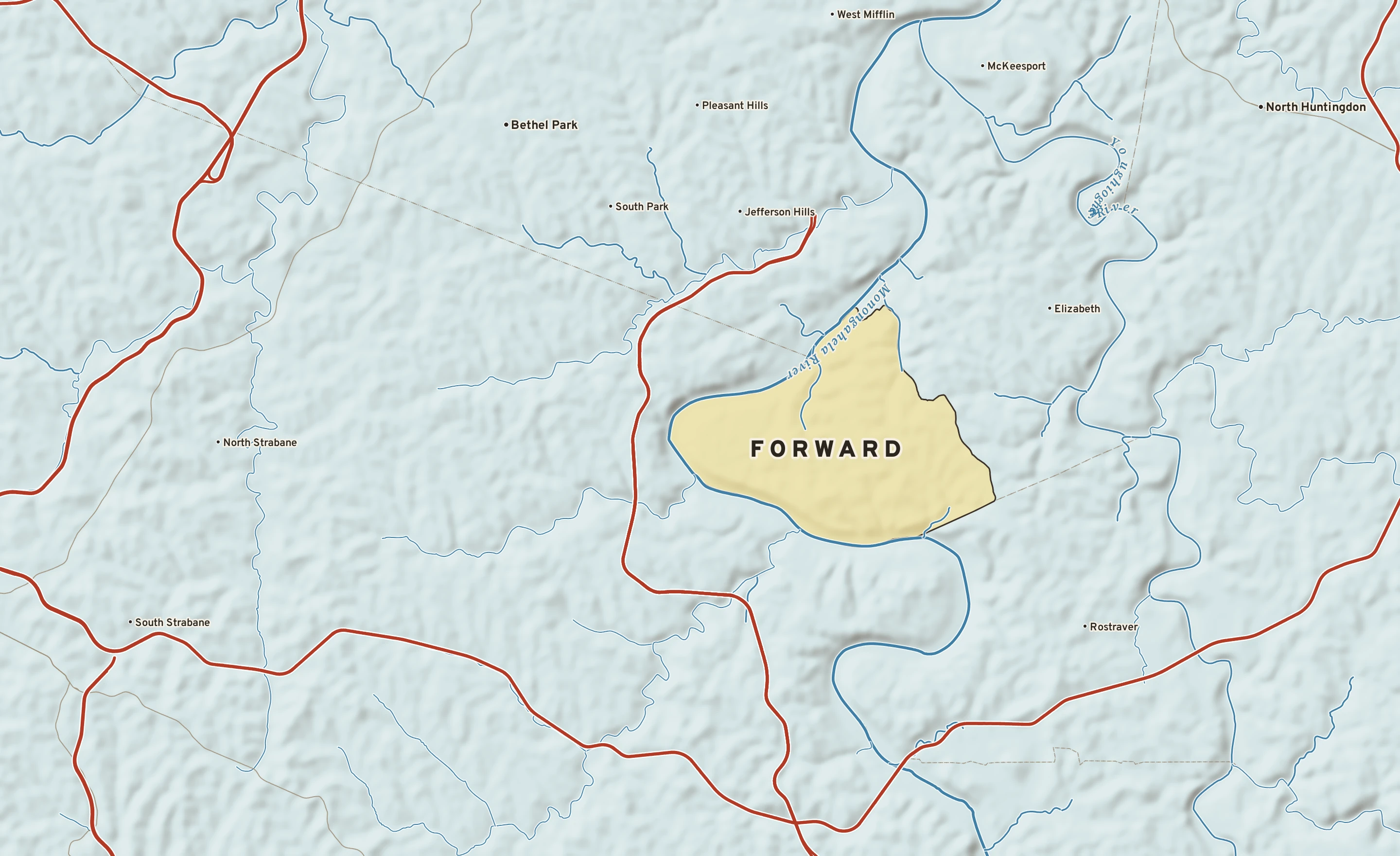 Shaded-relief atlas plate of Forward, Pennsylvania: rivers, roads, the city limits and where the water drains.
