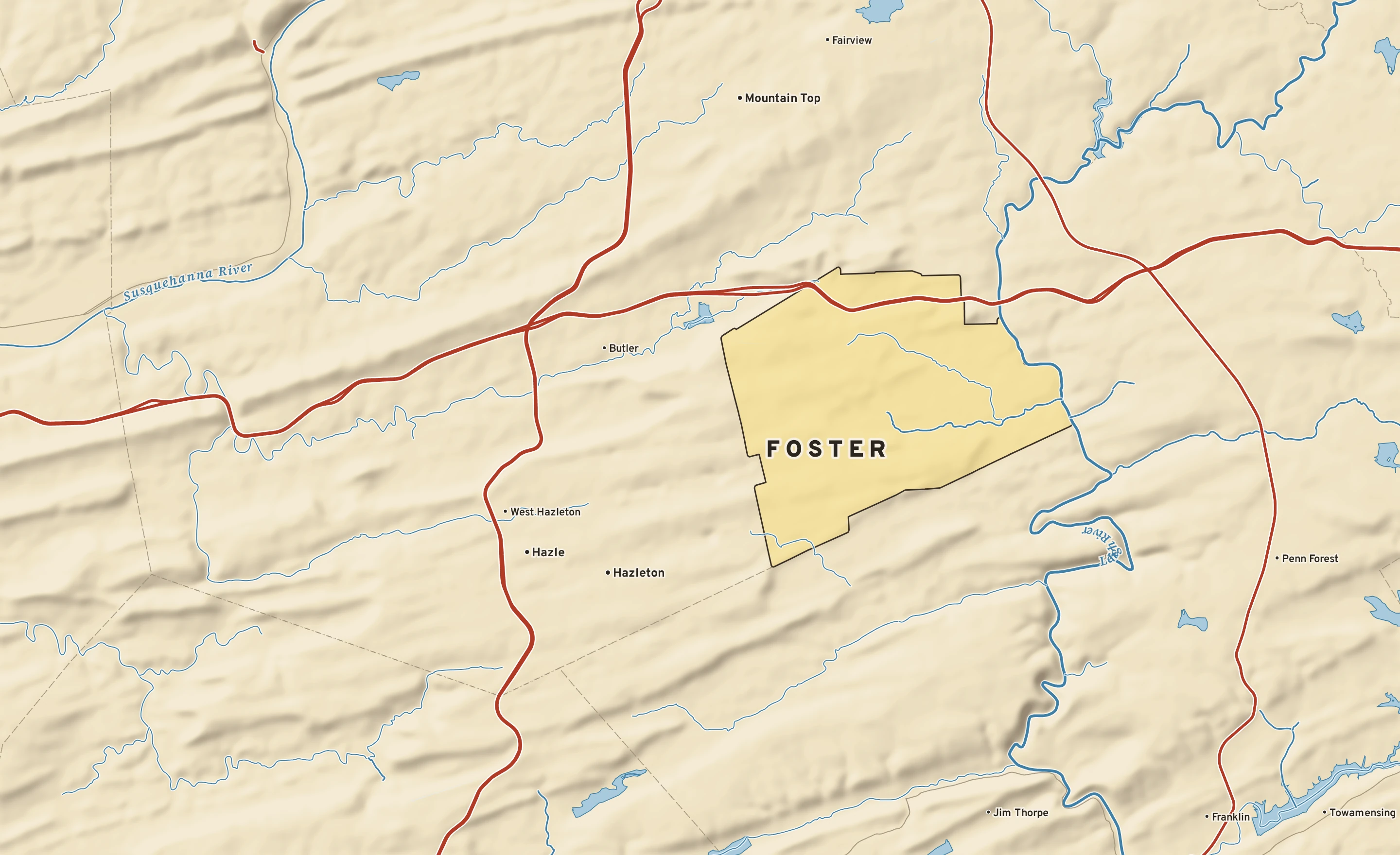 Shaded-relief atlas plate of Foster, Pennsylvania: rivers, roads, the city limits and where the water drains.