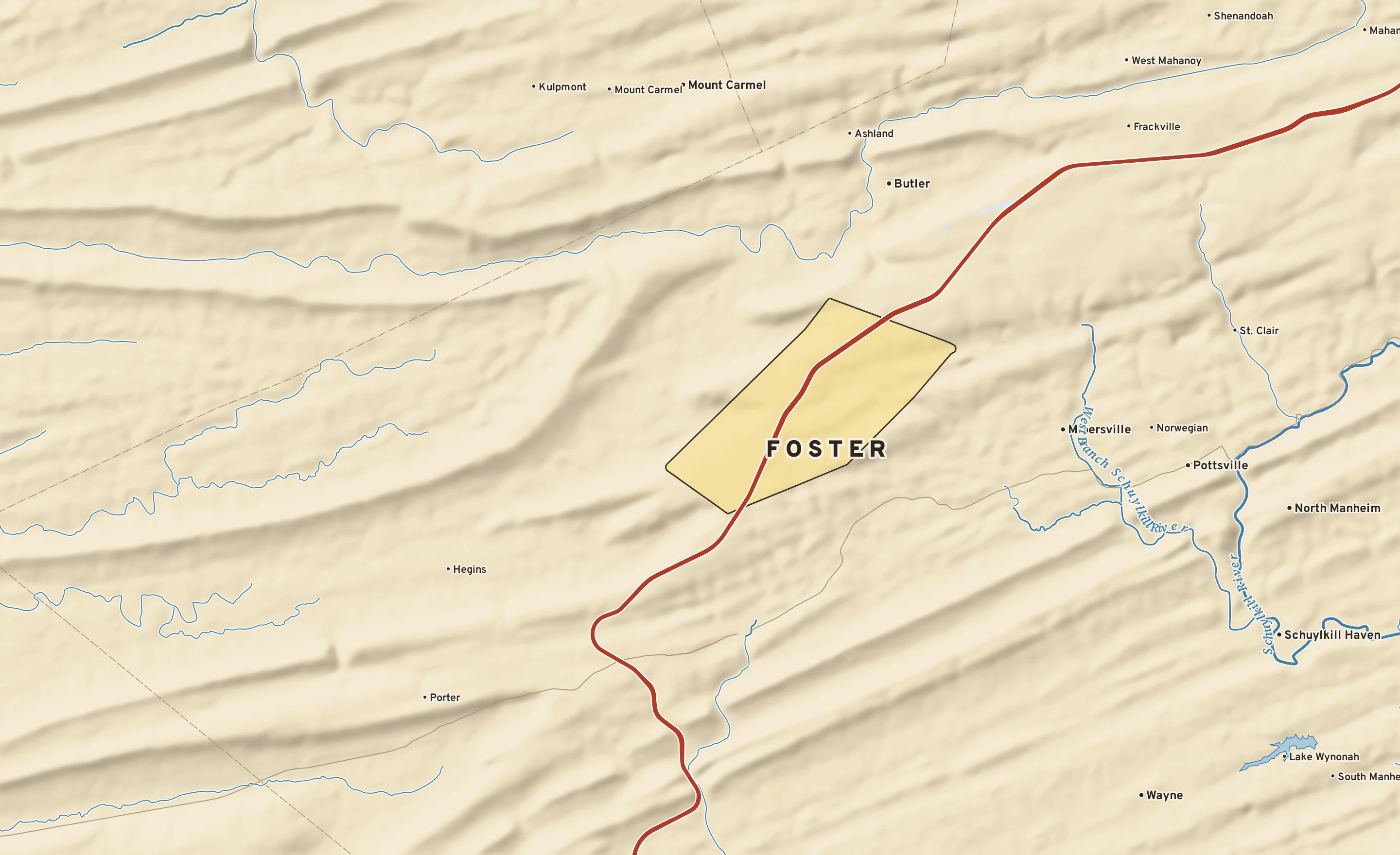 Shaded-relief atlas plate of Foster, Pennsylvania: rivers, roads, the city limits and where the water drains.