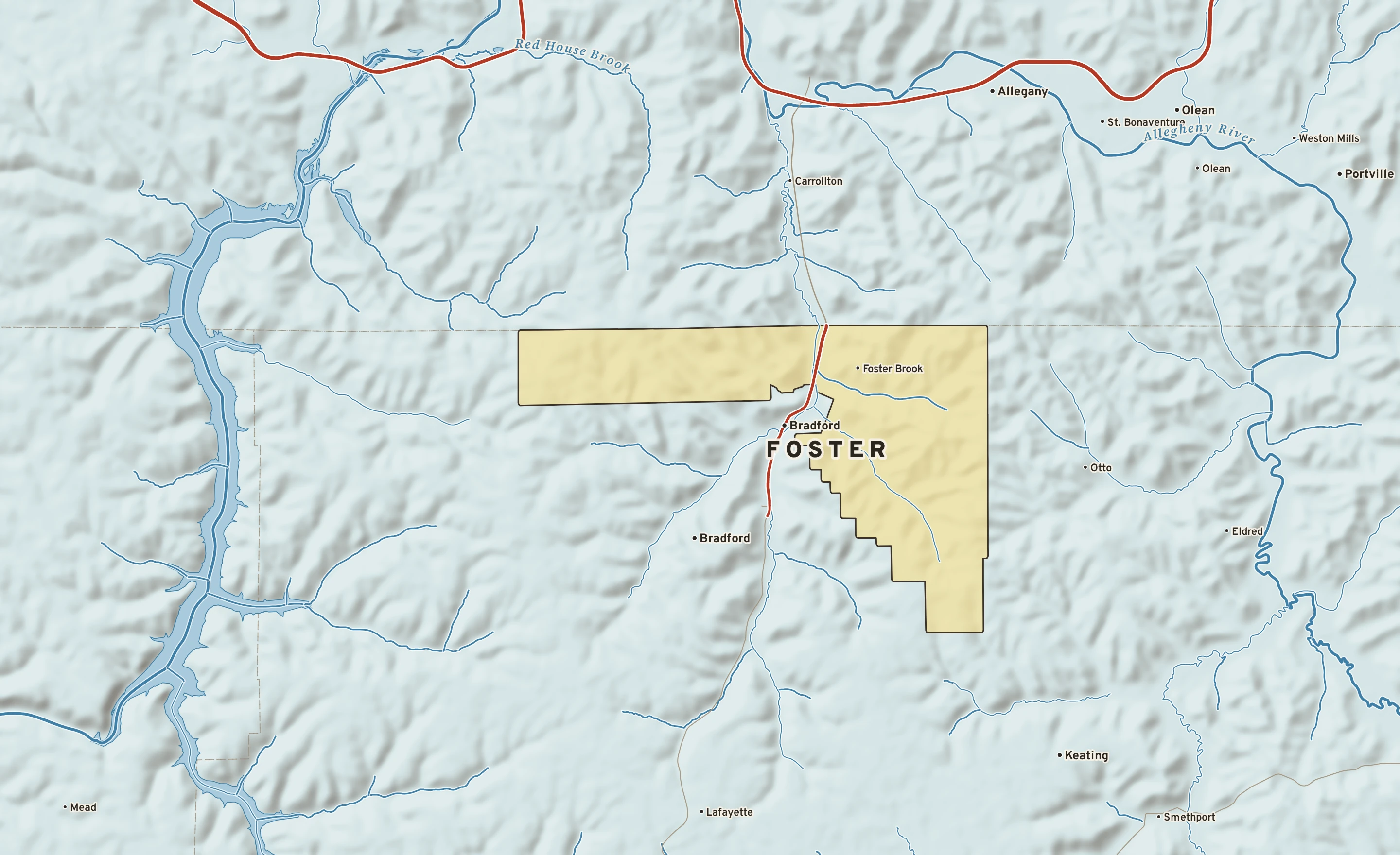 Shaded-relief atlas plate of Foster, Pennsylvania: rivers, roads, the city limits and where the water drains.