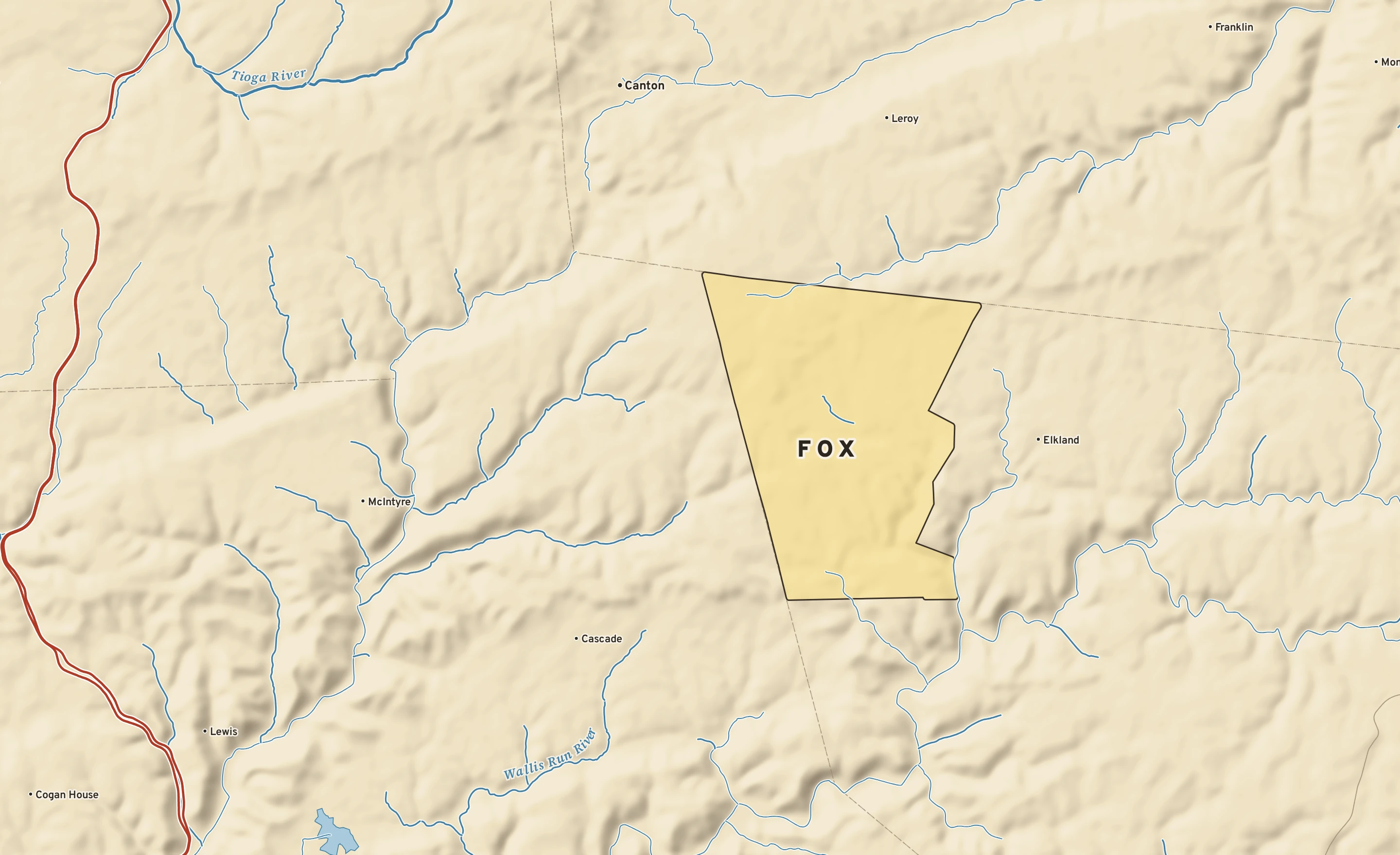 Shaded-relief atlas plate of Fox, Pennsylvania: rivers, roads, the city limits and where the water drains.