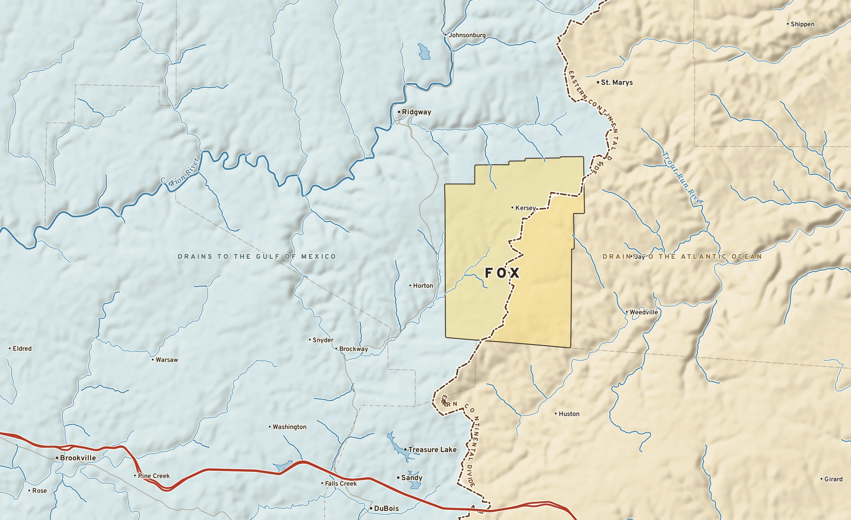 Shaded-relief atlas plate of Fox, Pennsylvania: rivers, roads, the city limits and where the water drains.