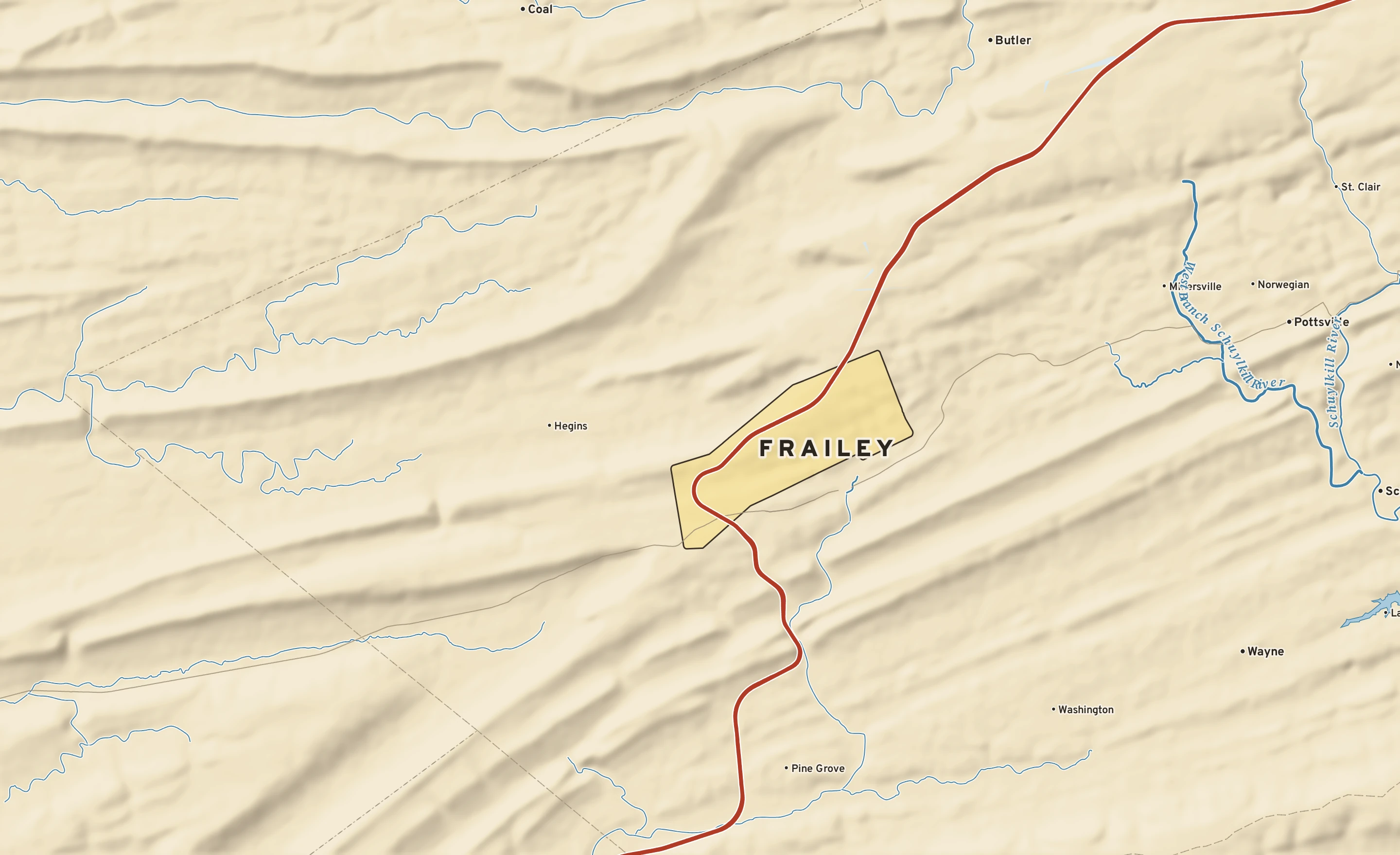 Shaded-relief atlas plate of Frailey, Pennsylvania: rivers, roads, the city limits and where the water drains.