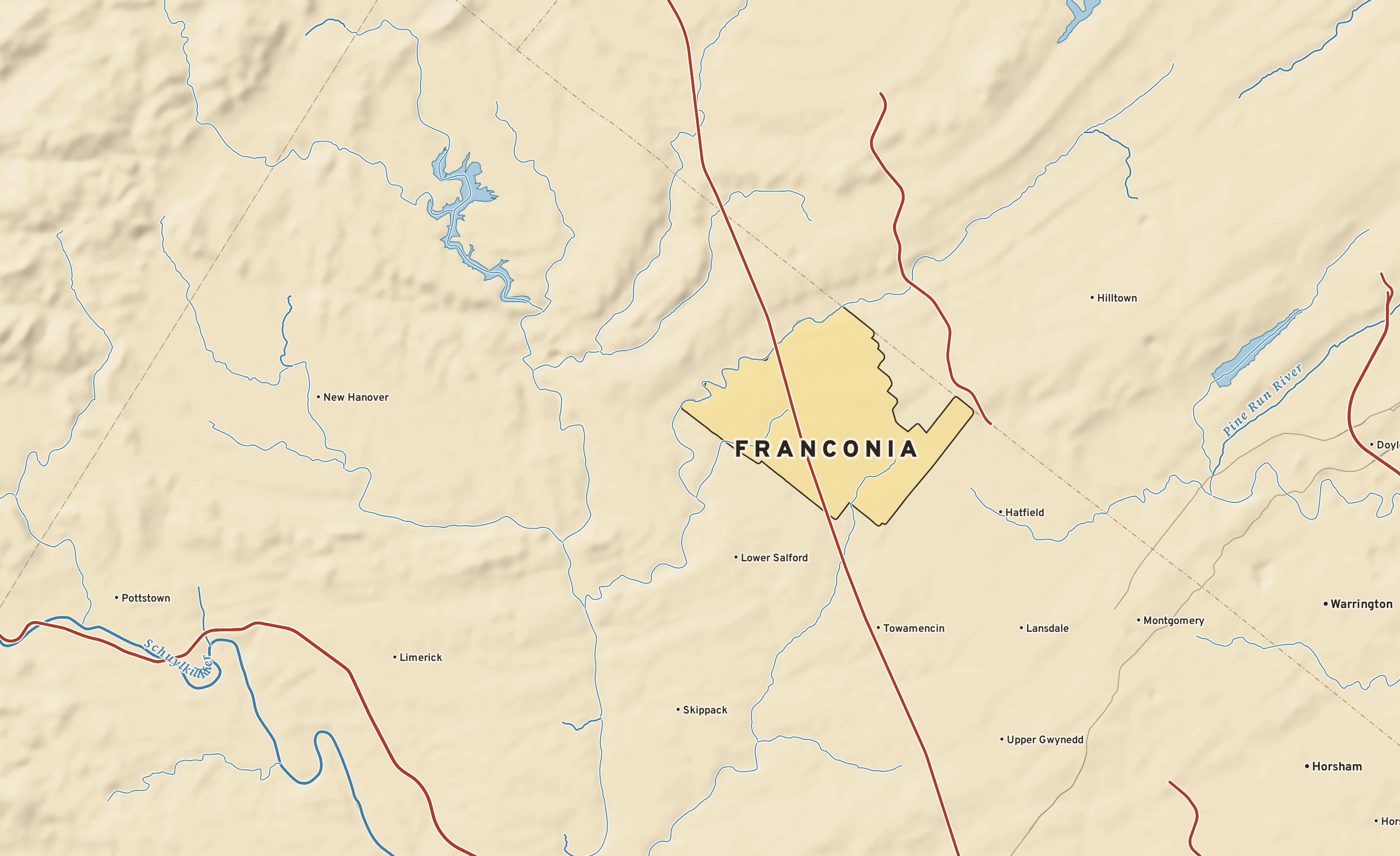 Shaded-relief atlas plate of Franconia, Pennsylvania: rivers, roads, the city limits and where the water drains.