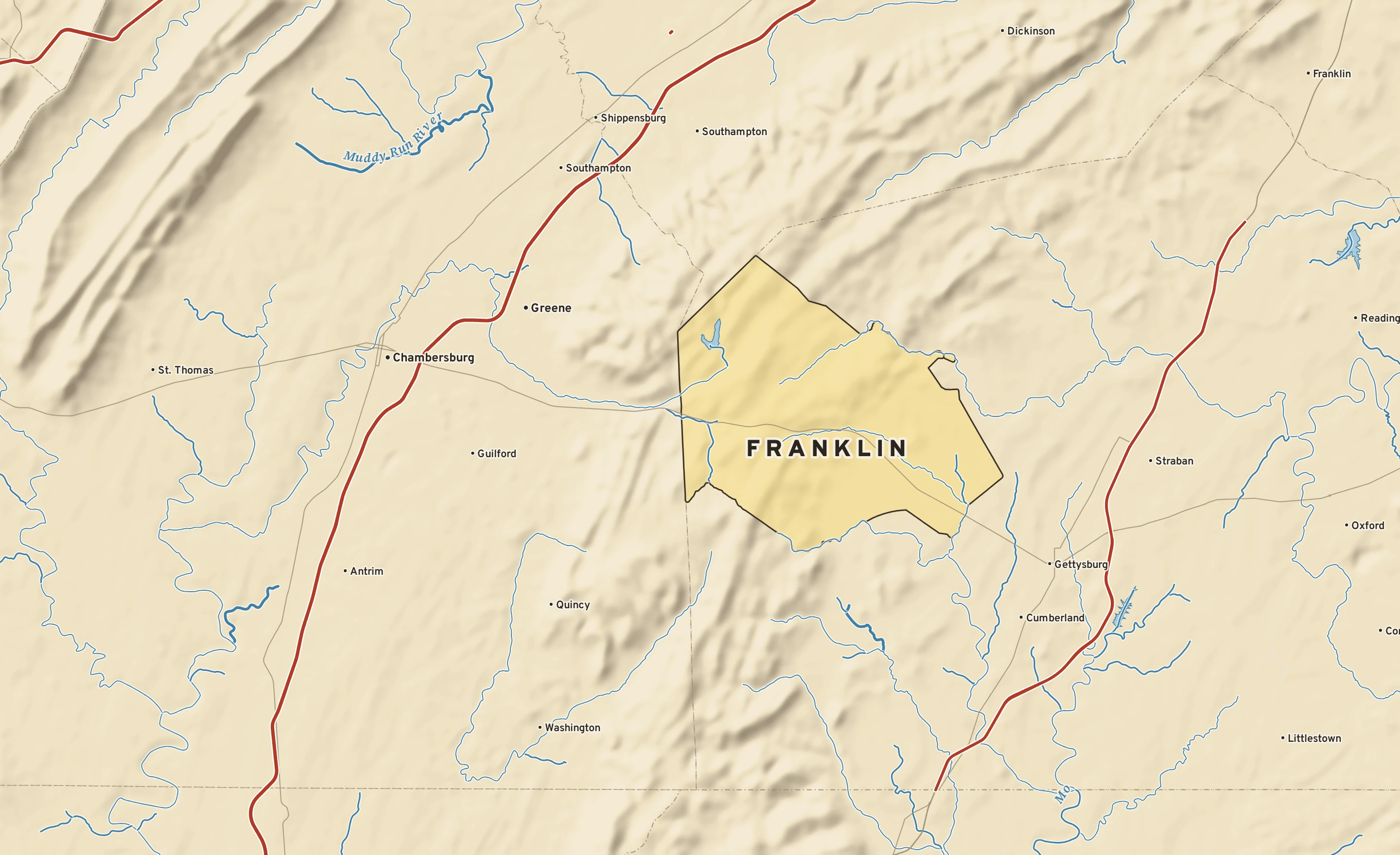 Shaded-relief atlas plate of Franklin, Pennsylvania: rivers, roads, the city limits and where the water drains.