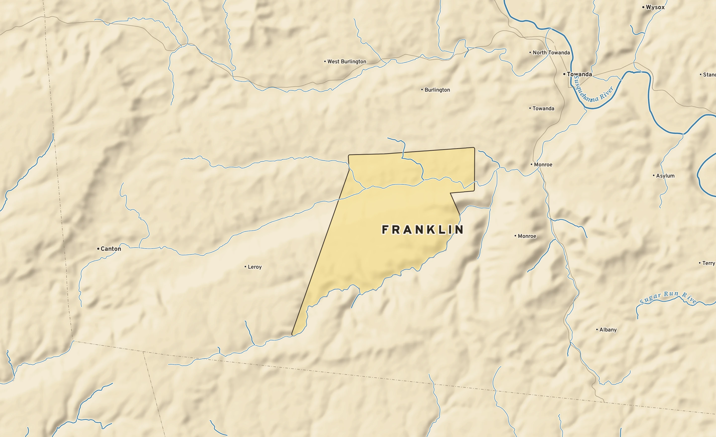 Shaded-relief atlas plate of Franklin, Pennsylvania: rivers, roads, the city limits and where the water drains.