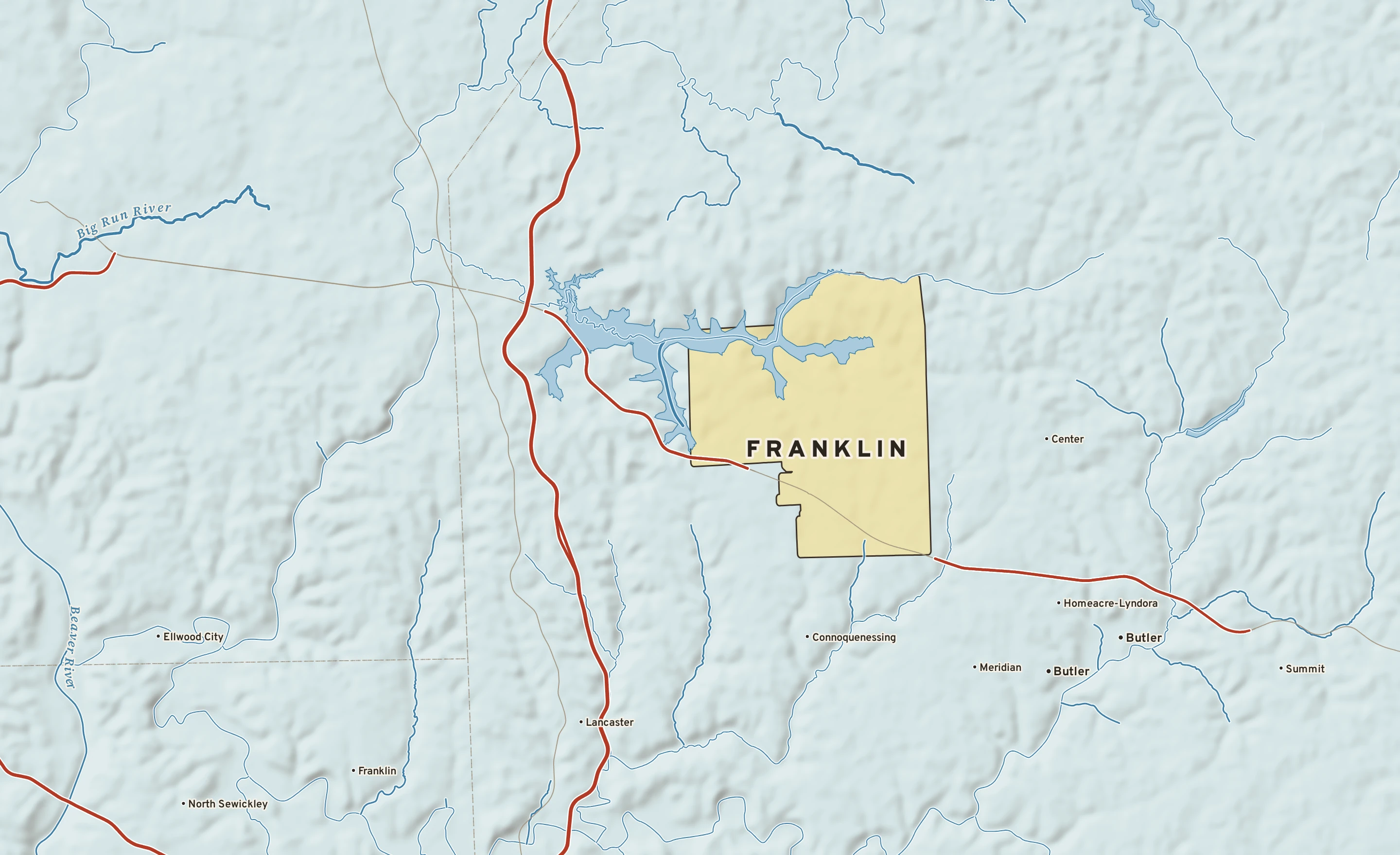 Shaded-relief atlas plate of Franklin, Pennsylvania: rivers, roads, the city limits and where the water drains.