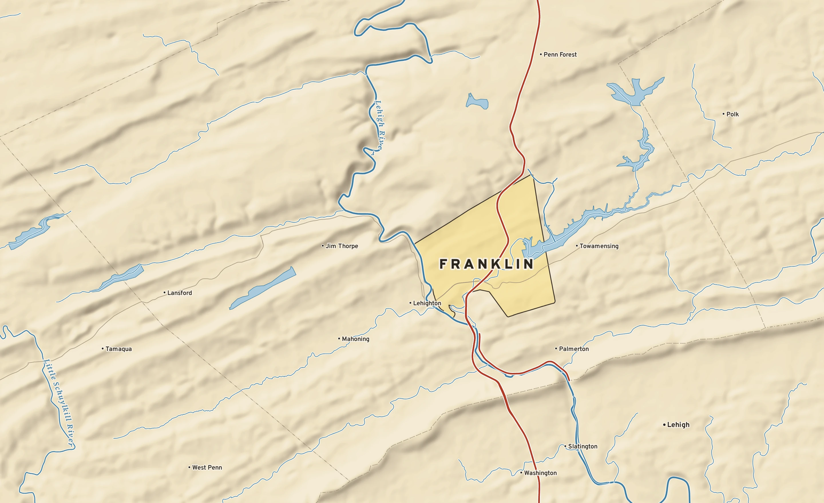 Shaded-relief atlas plate of Franklin, Pennsylvania: rivers, roads, the city limits and where the water drains.