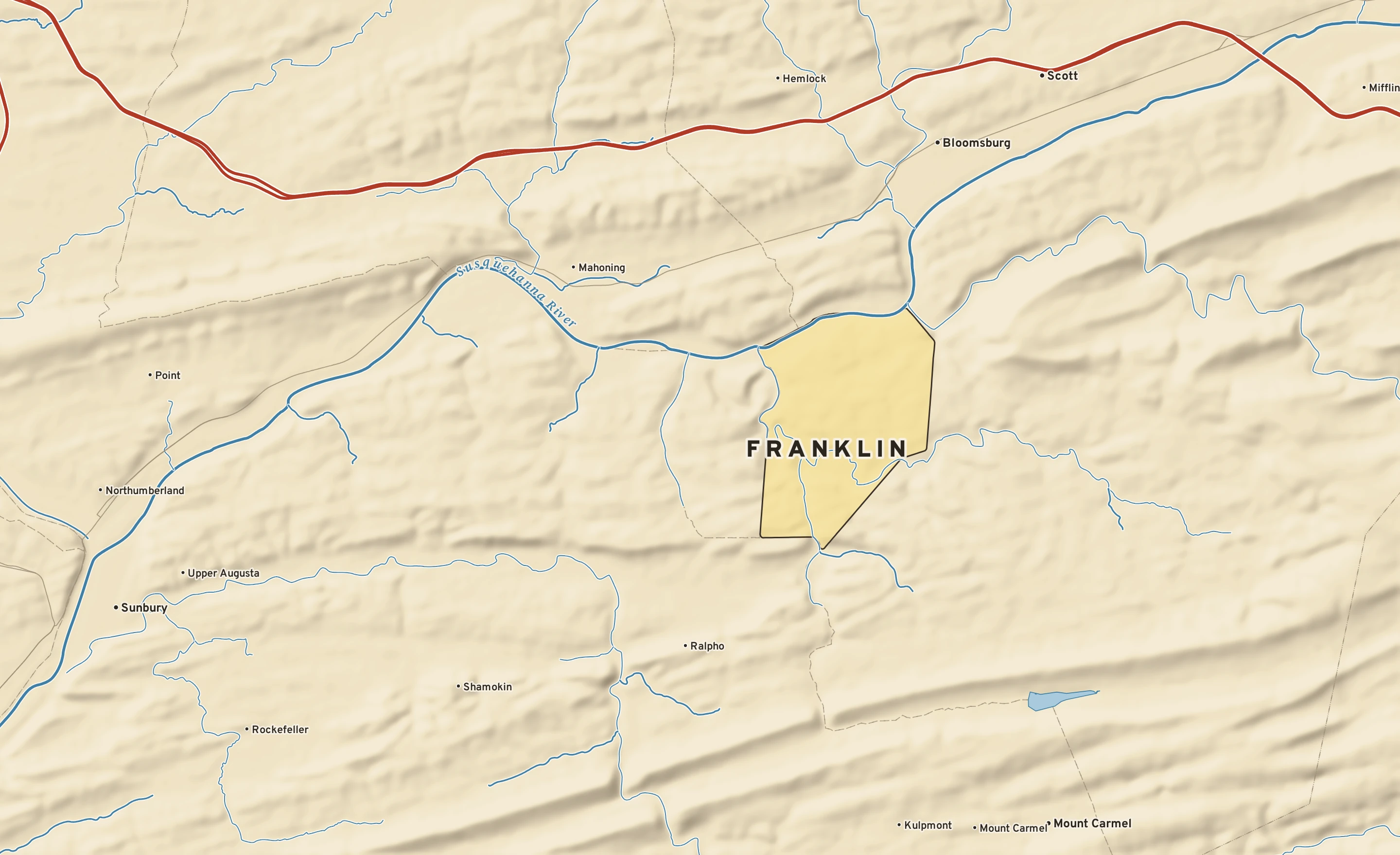 Shaded-relief atlas plate of Franklin, Pennsylvania: rivers, roads, the city limits and where the water drains.