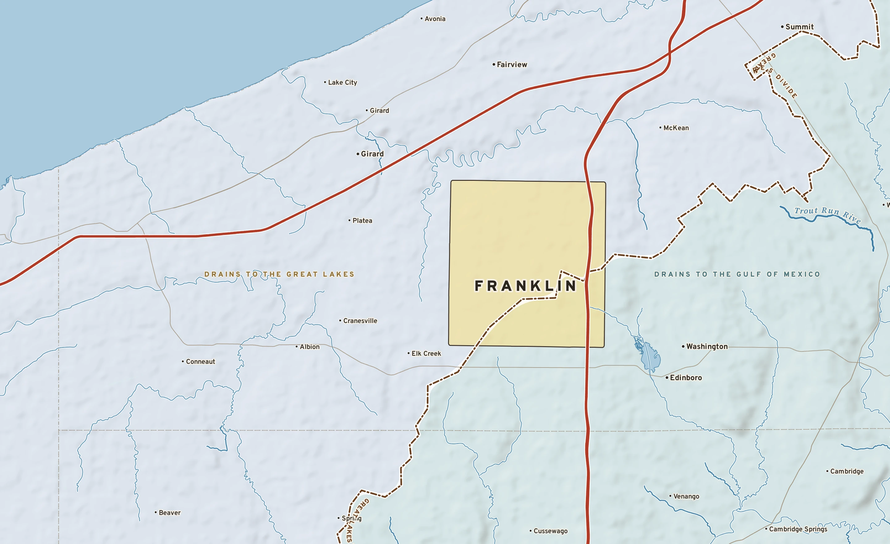 Shaded-relief atlas plate of Franklin, Pennsylvania: rivers, roads, the city limits and where the water drains.