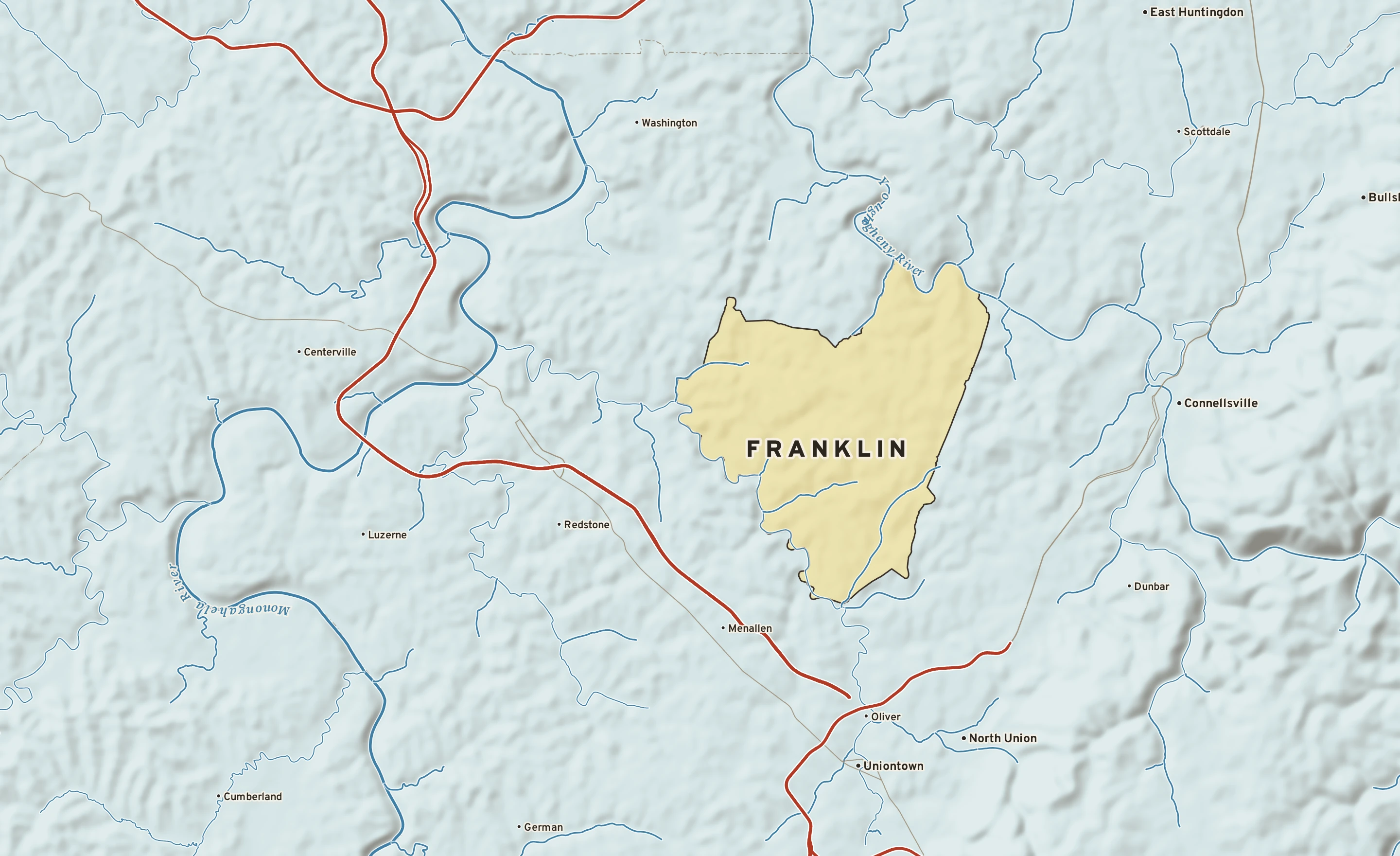 Shaded-relief atlas plate of Franklin, Pennsylvania: rivers, roads, the city limits and where the water drains.