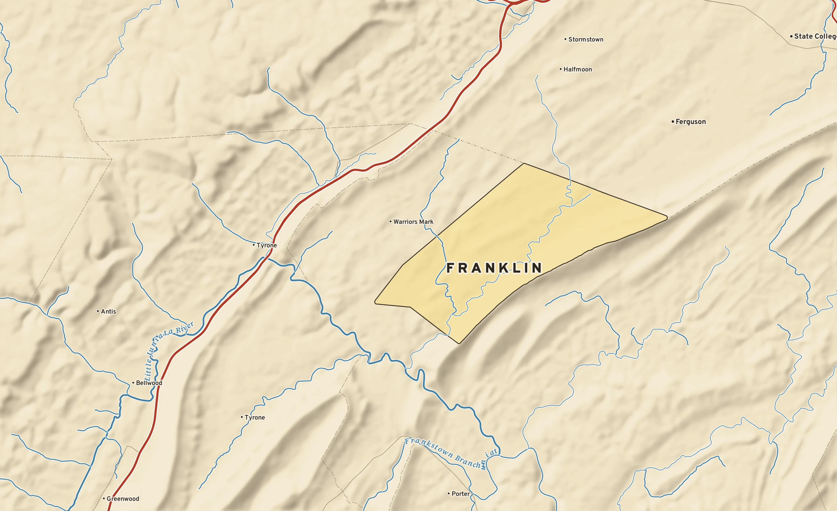 Shaded-relief atlas plate of Franklin, Pennsylvania: rivers, roads, the city limits and where the water drains.