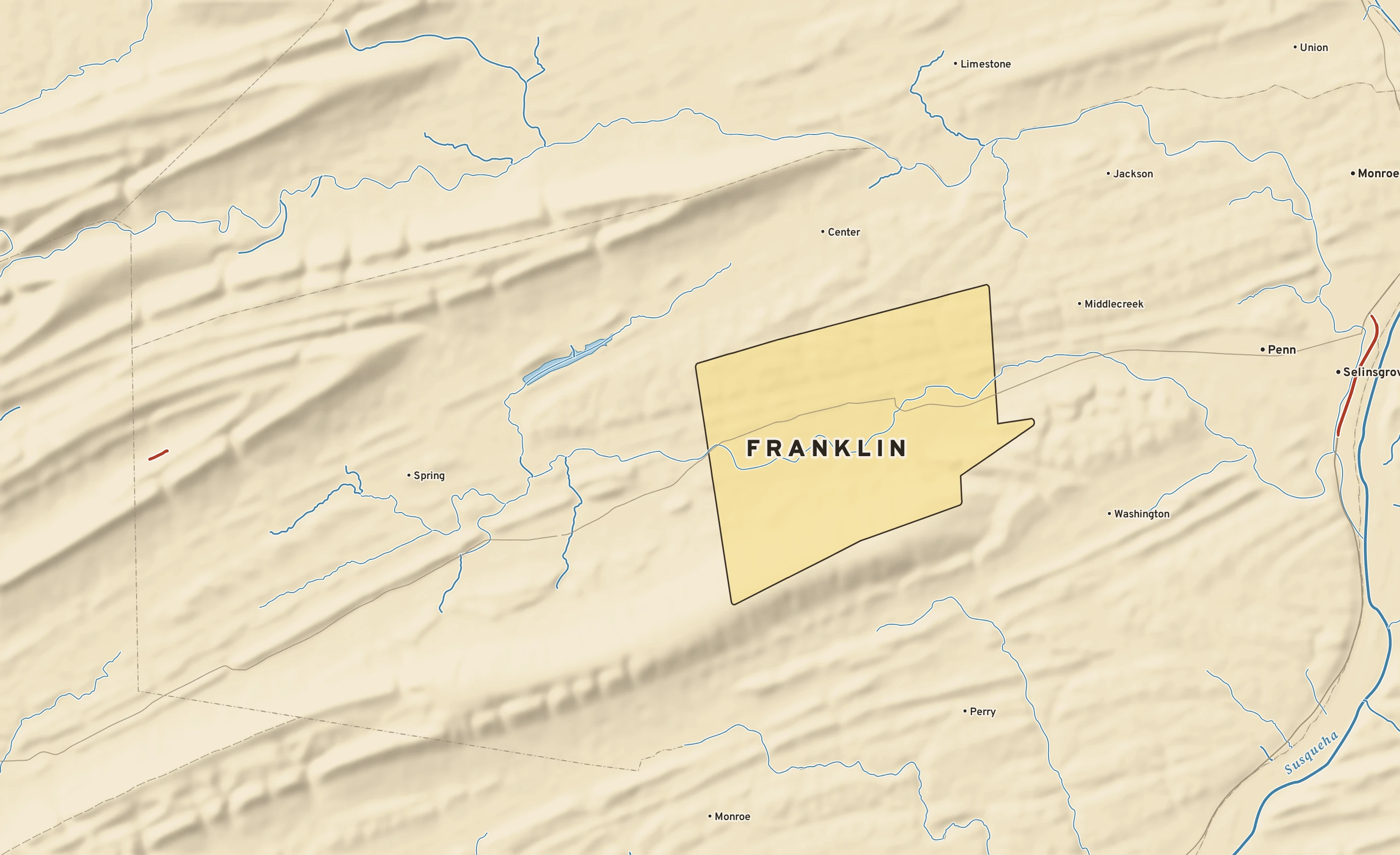 Shaded-relief atlas plate of Franklin, Pennsylvania: rivers, roads, the city limits and where the water drains.