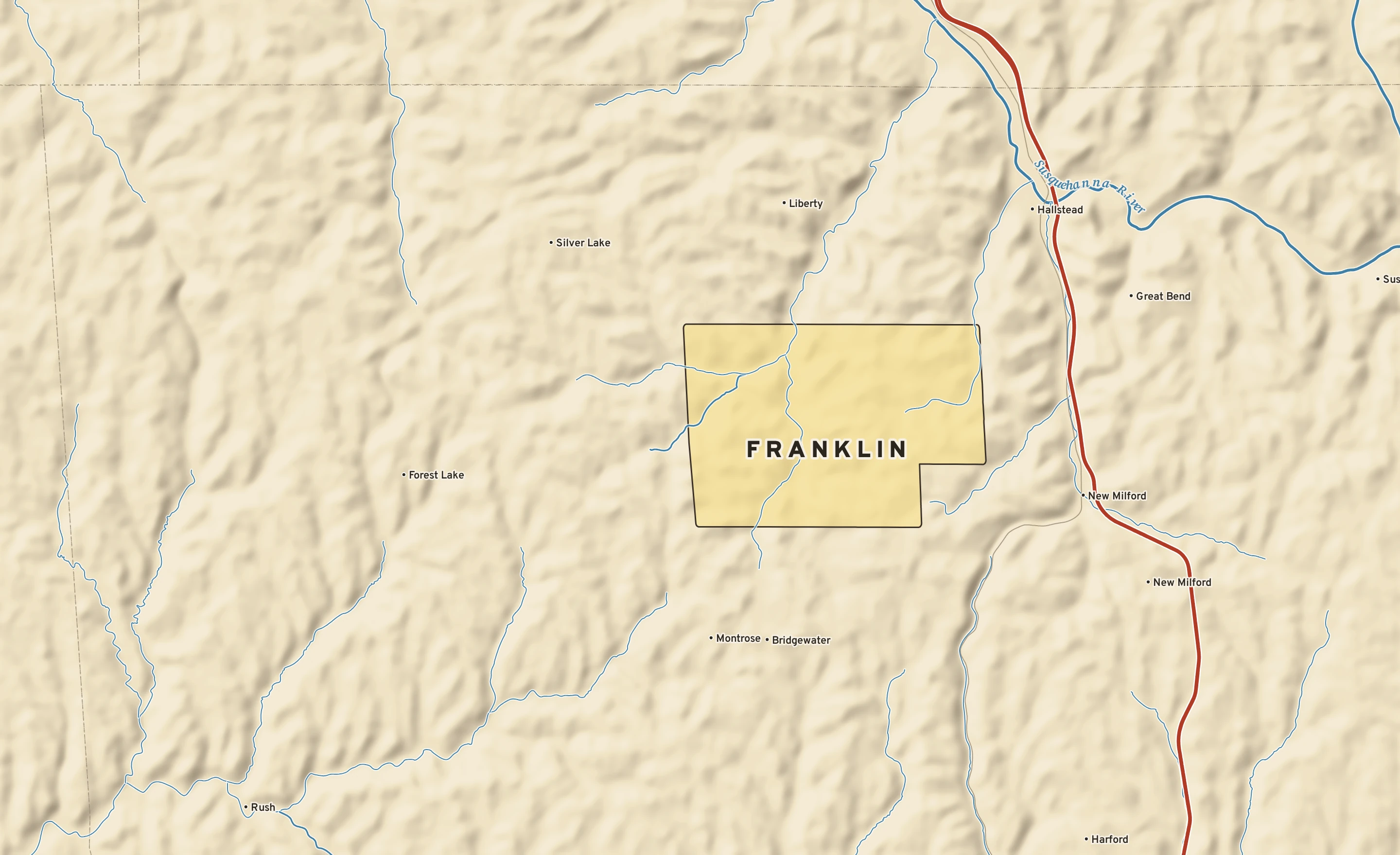 Shaded-relief atlas plate of Franklin, Pennsylvania: rivers, roads, the city limits and where the water drains.