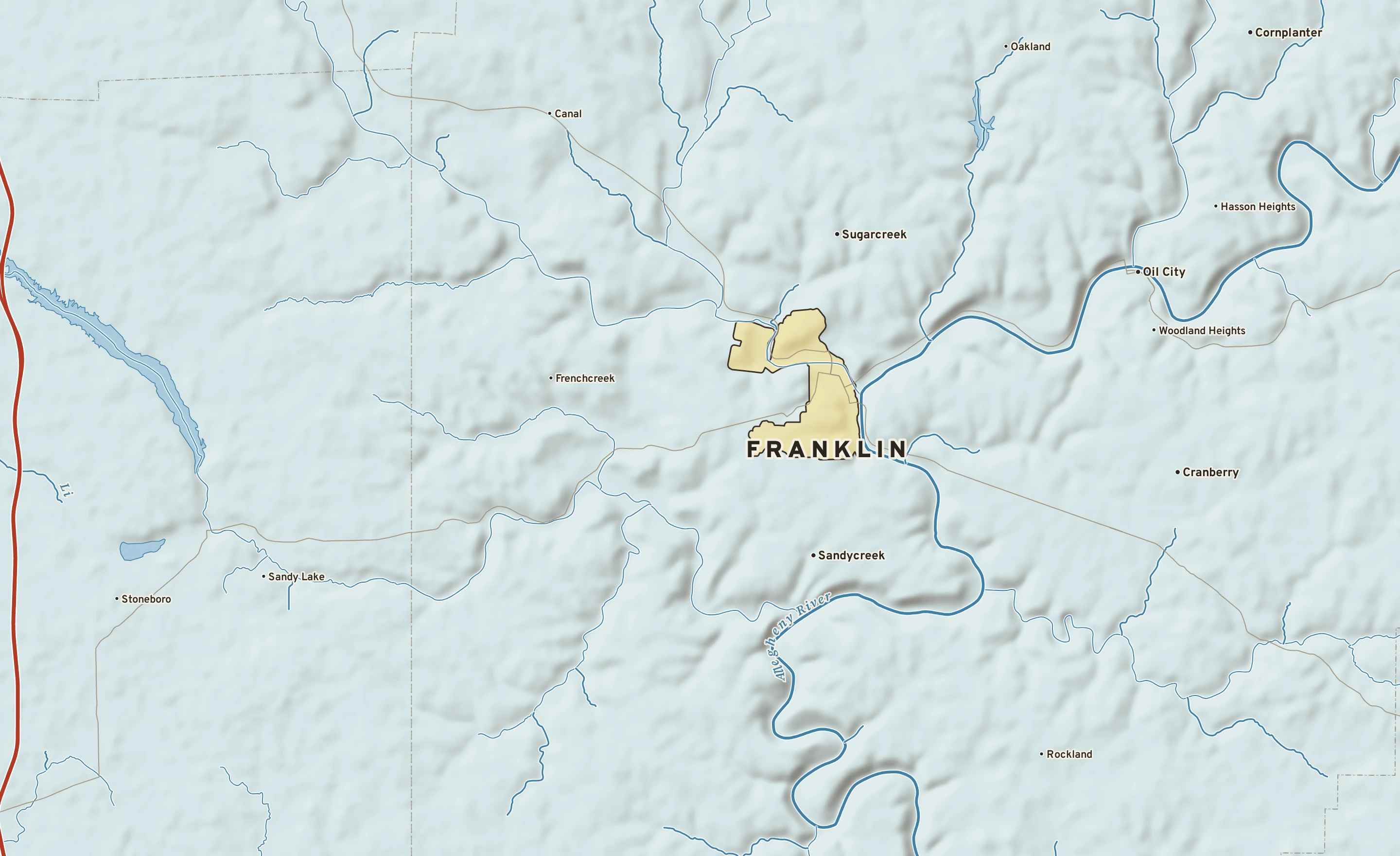 Shaded-relief atlas plate of Franklin, Pennsylvania: rivers, roads, the city limits and where the water drains.