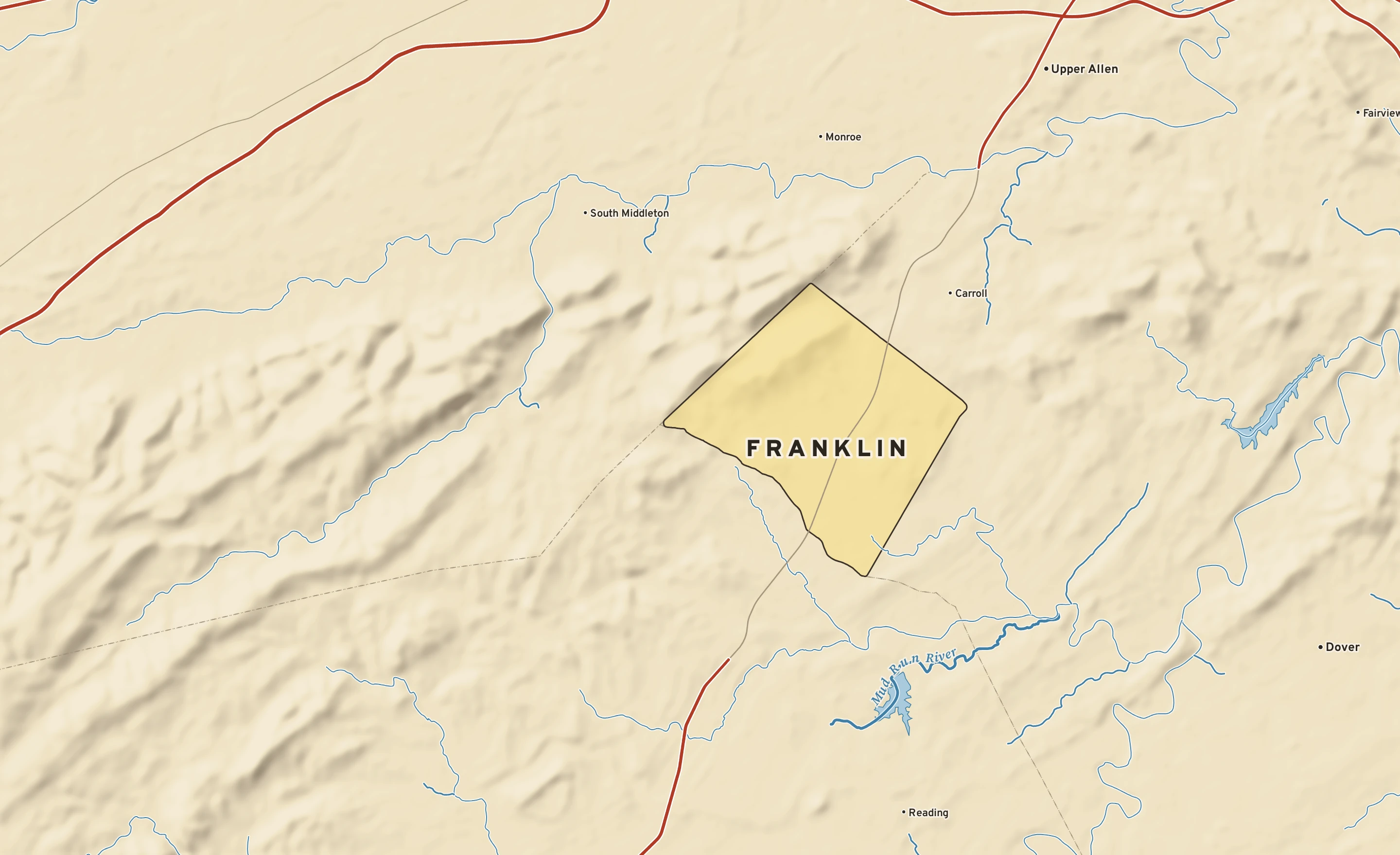 Shaded-relief atlas plate of Franklin, Pennsylvania: rivers, roads, the city limits and where the water drains.