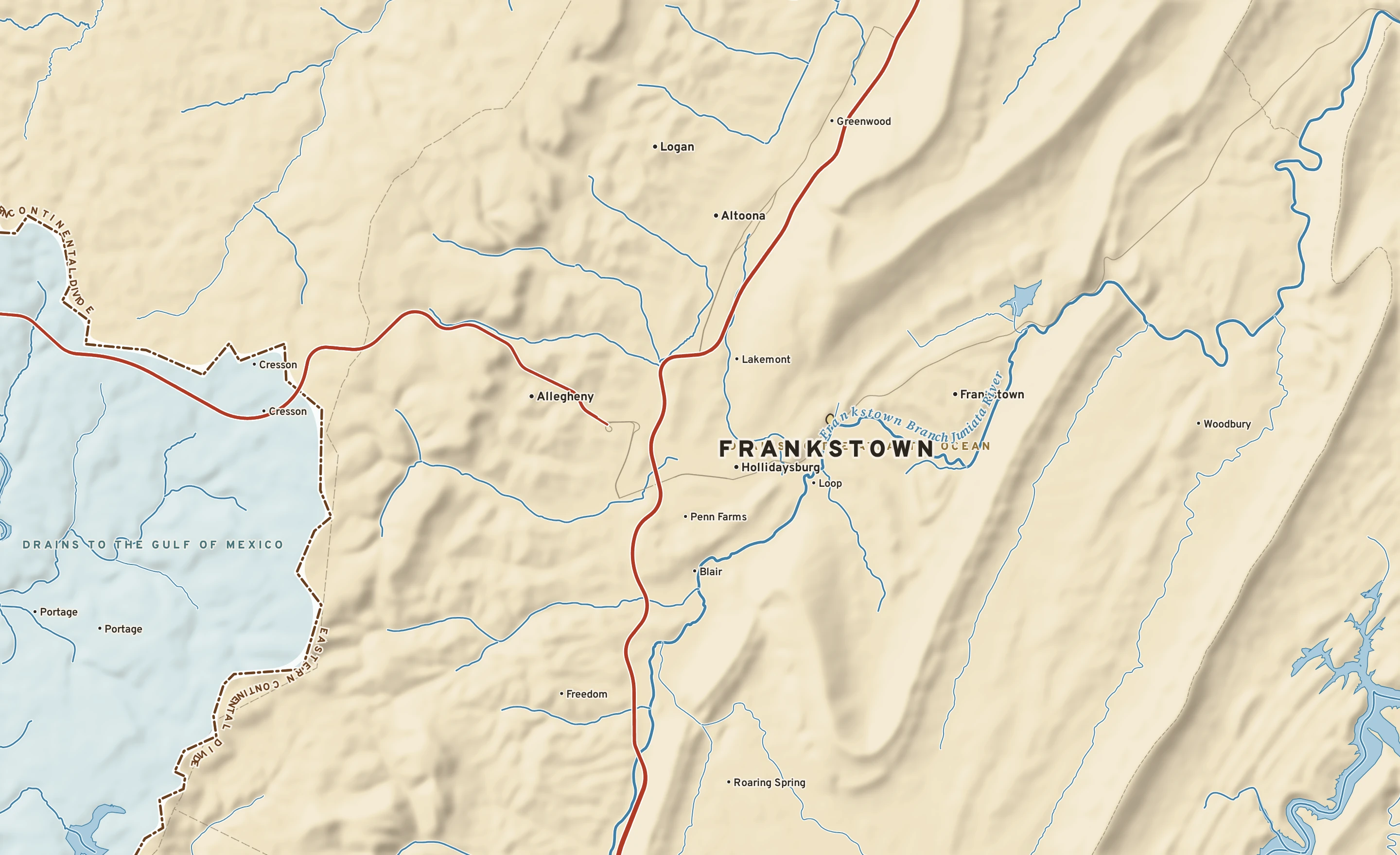 Shaded-relief atlas plate of Frankstown, Pennsylvania: rivers, roads, the city limits and where the water drains.