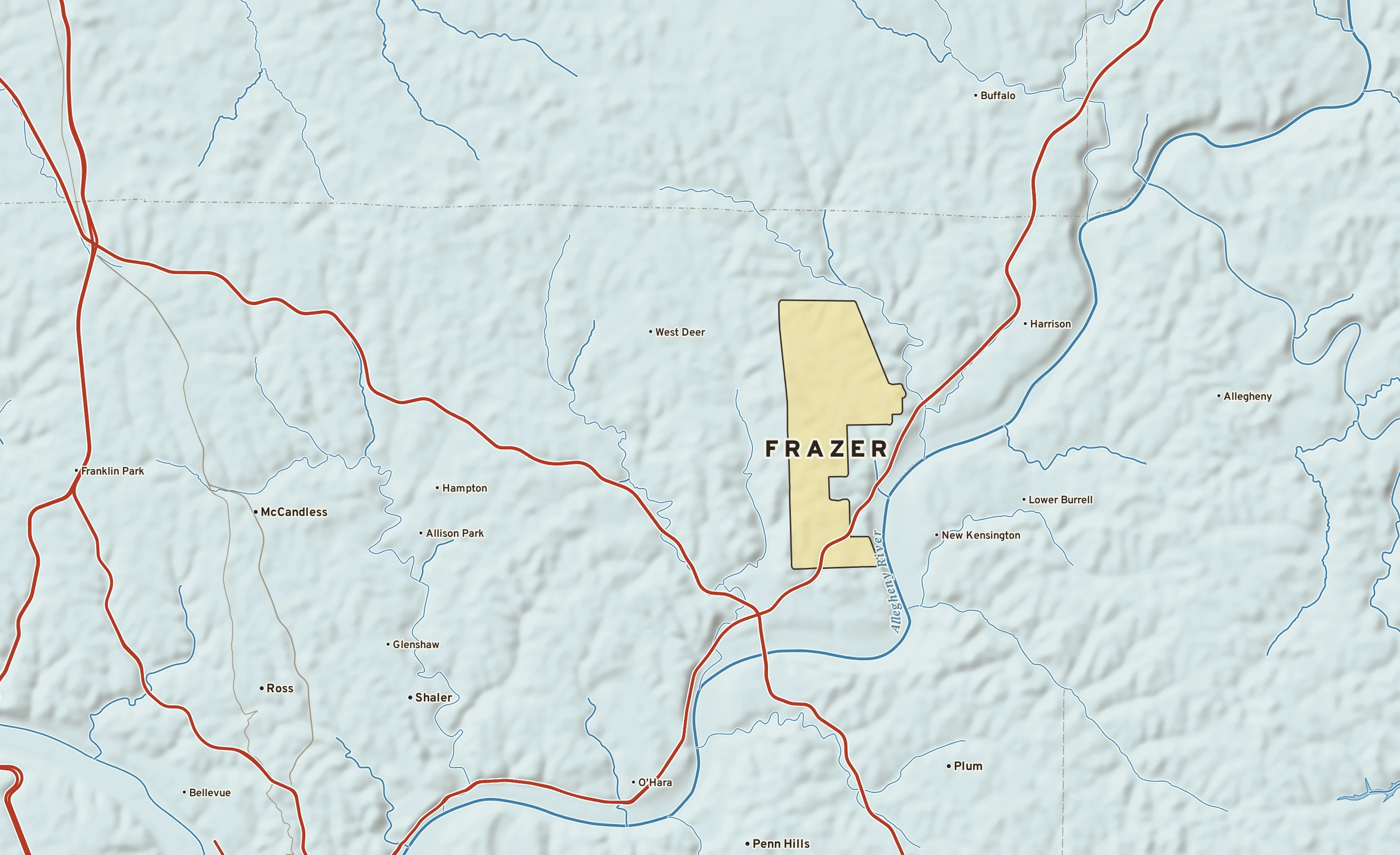 Shaded-relief atlas plate of Frazer, Pennsylvania: rivers, roads, the city limits and where the water drains.