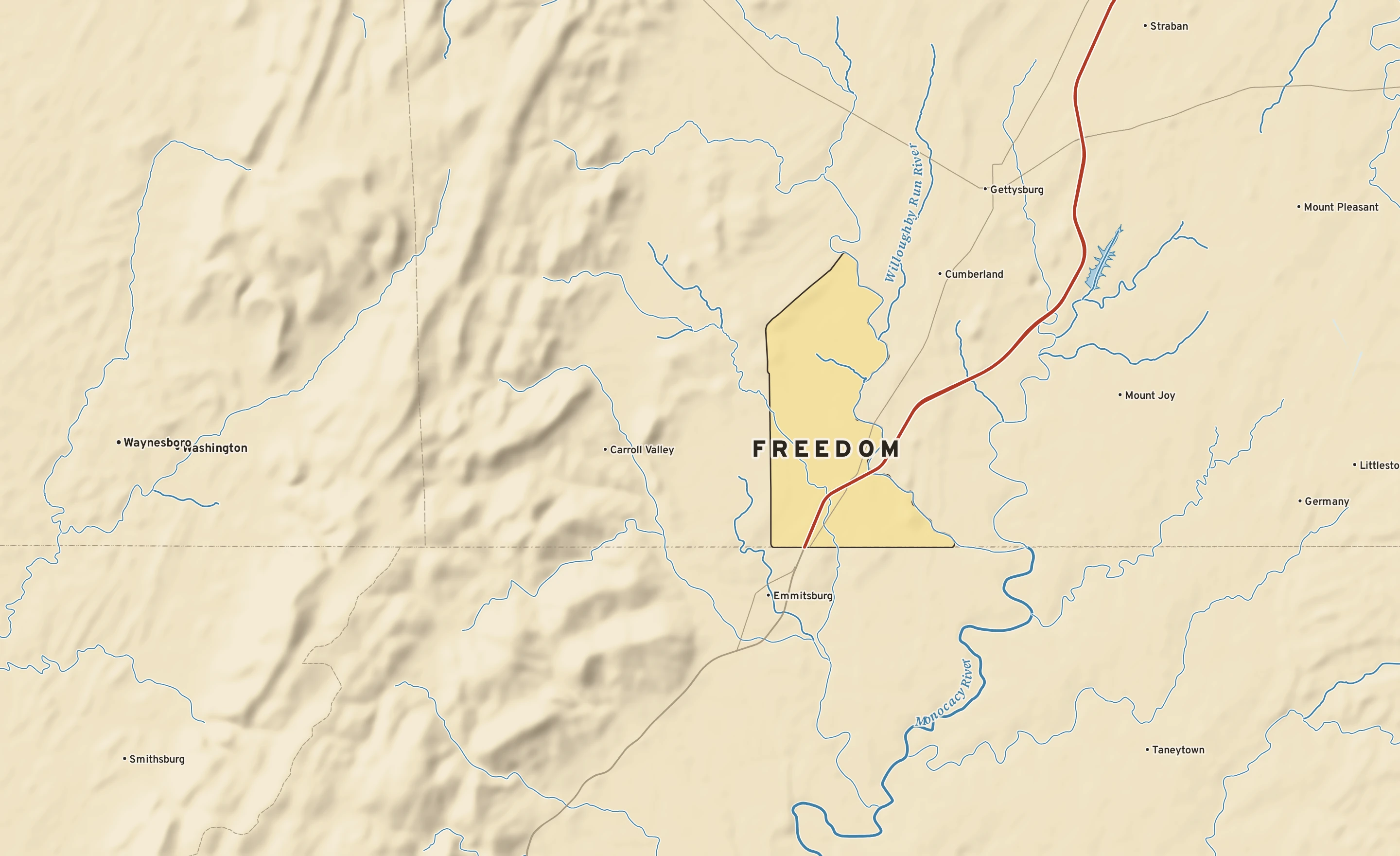 Shaded-relief atlas plate of Freedom, Pennsylvania: rivers, roads, the city limits and where the water drains.