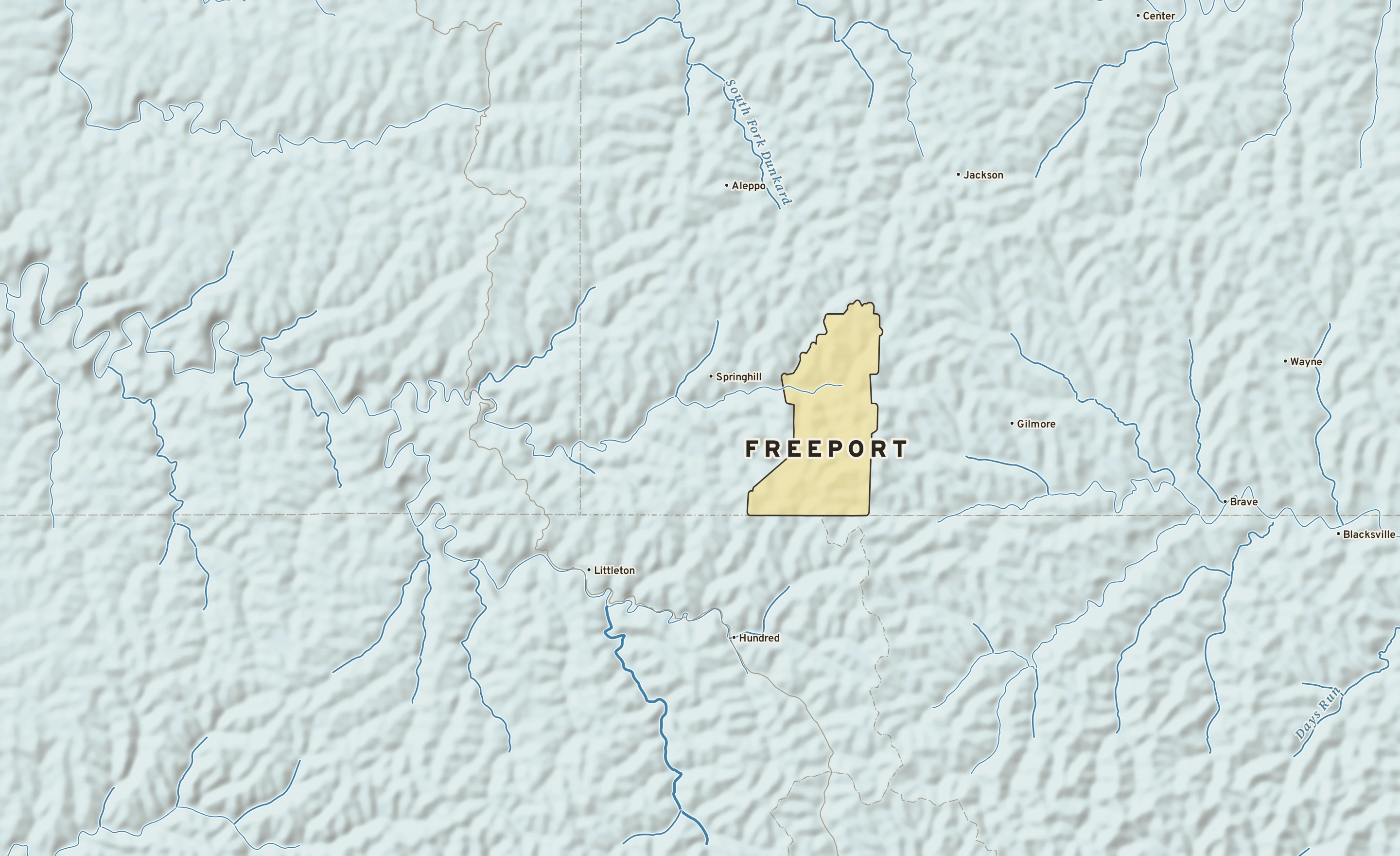 Shaded-relief atlas plate of Freeport, Pennsylvania: rivers, roads, the city limits and where the water drains.
