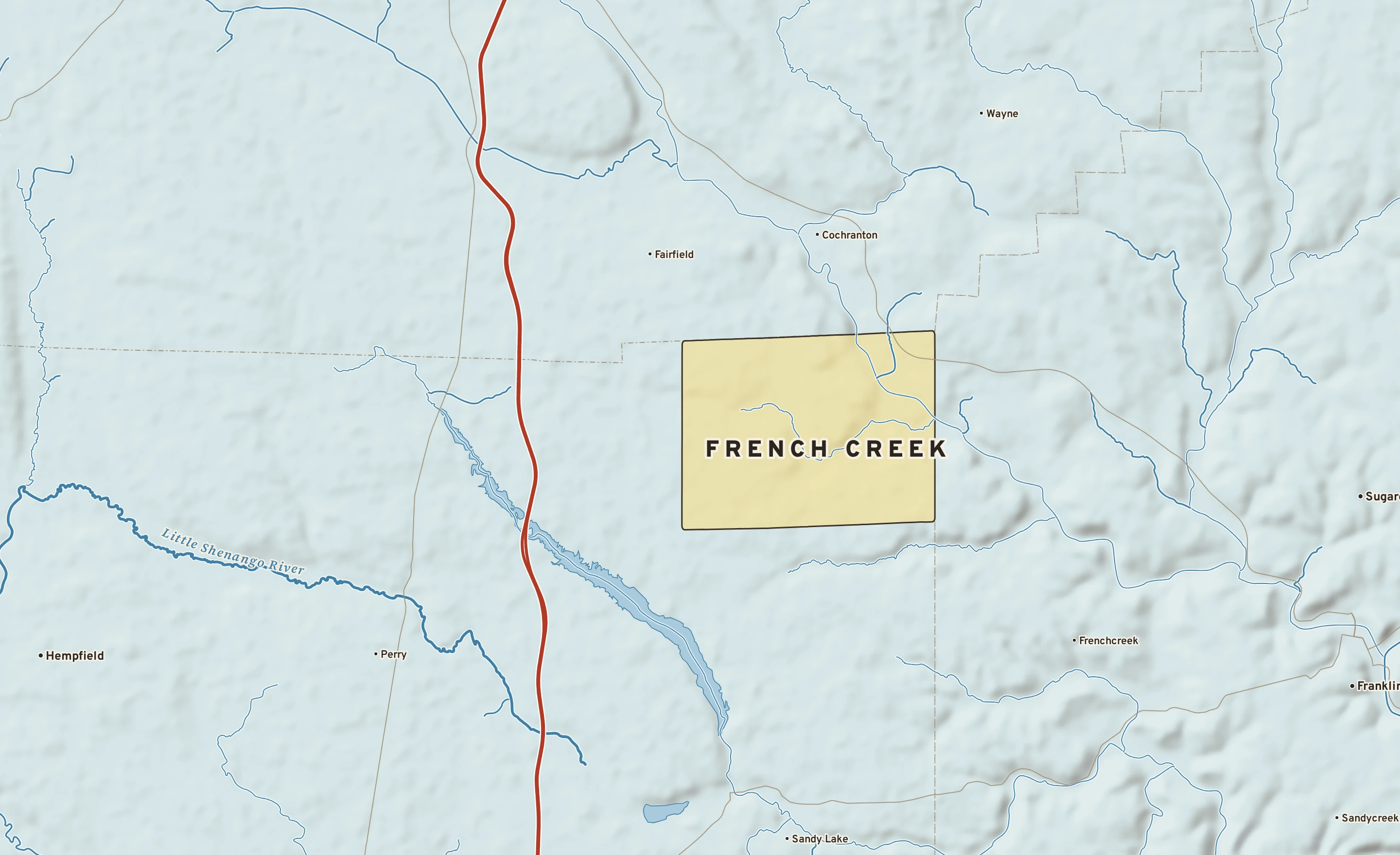 Shaded-relief atlas plate of French Creek, Pennsylvania: rivers, roads, the city limits and where the water drains.