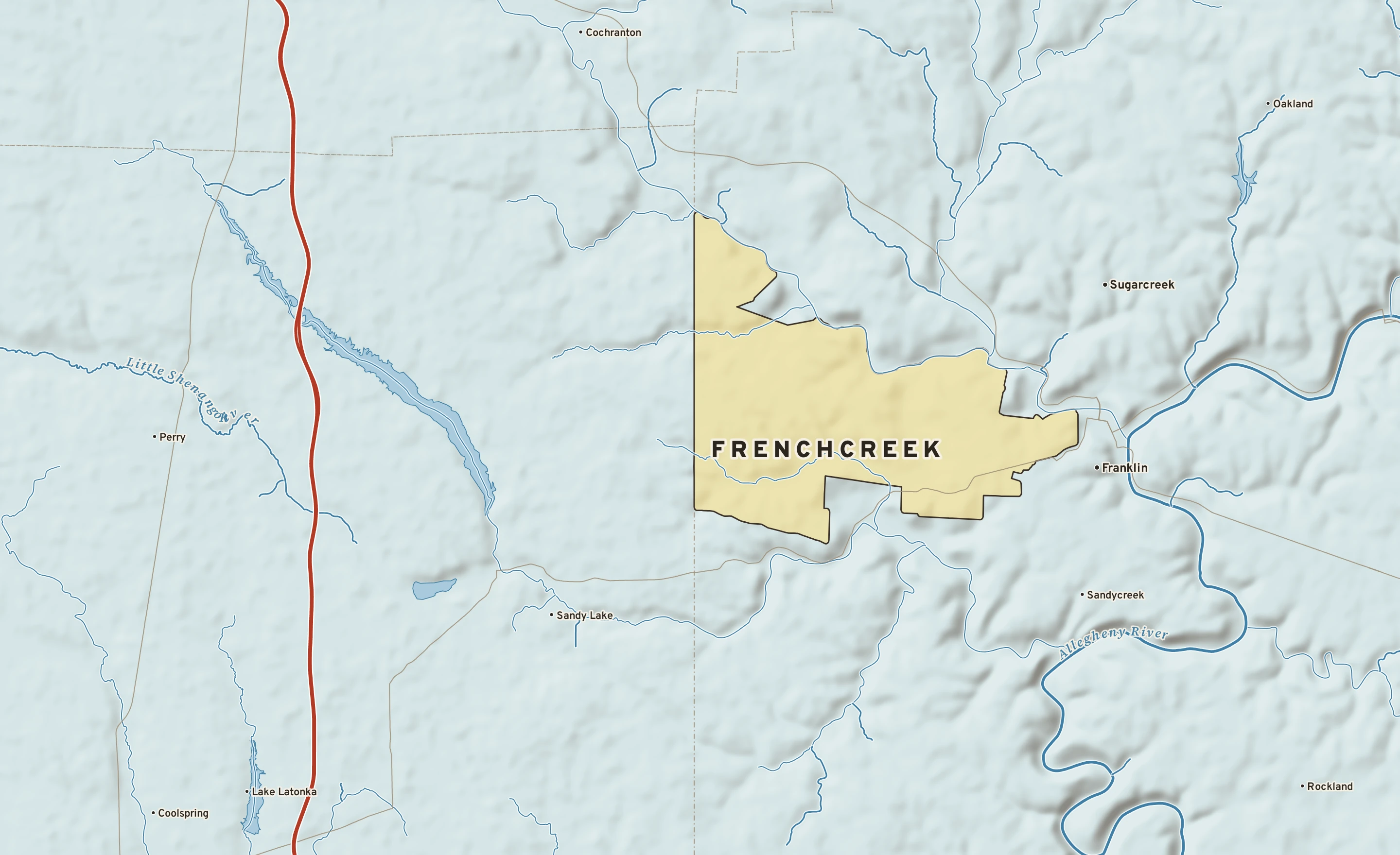 Shaded-relief atlas plate of Frenchcreek, Pennsylvania: rivers, roads, the city limits and where the water drains.
