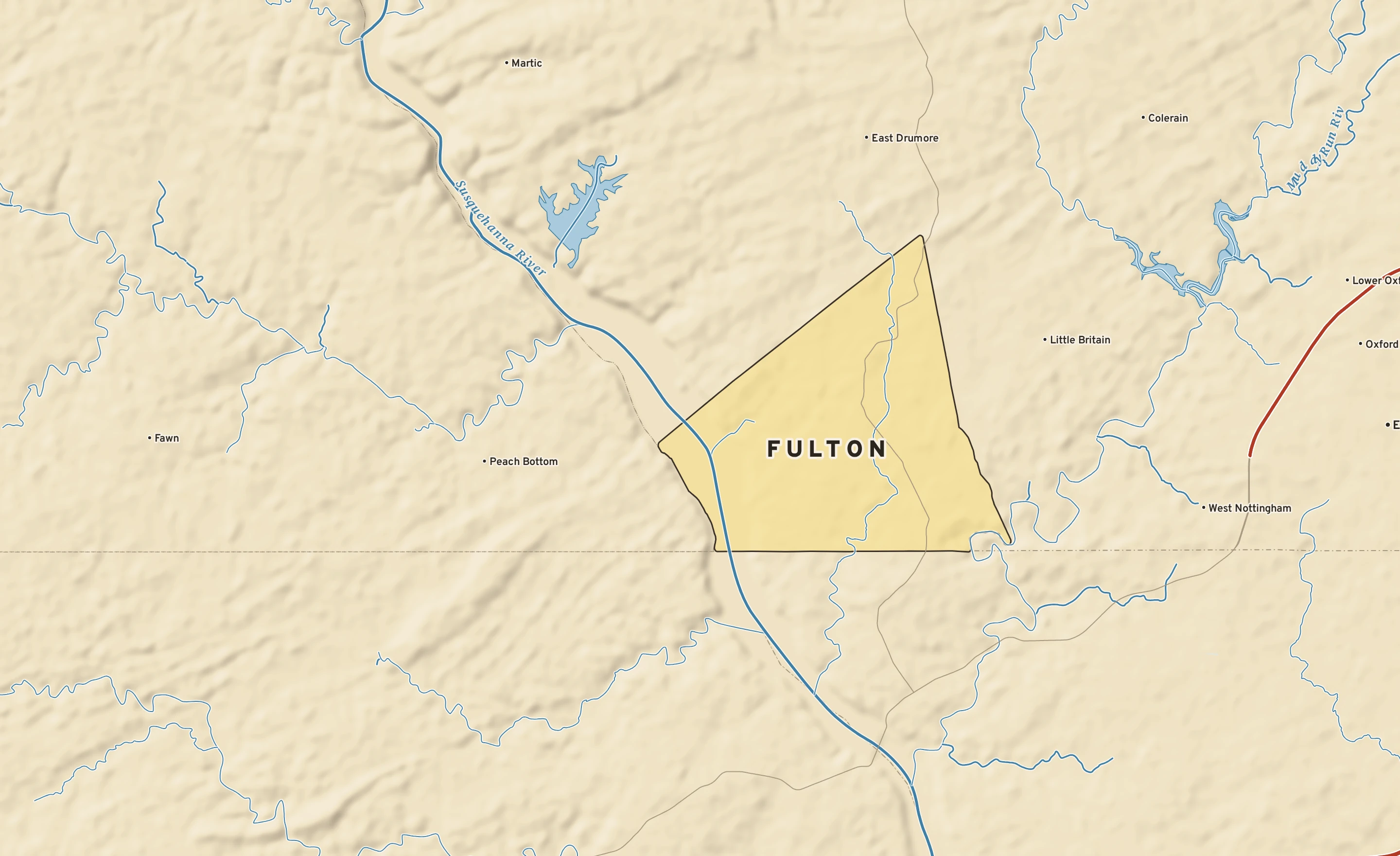 Shaded-relief atlas plate of Fulton, Pennsylvania: rivers, roads, the city limits and where the water drains.