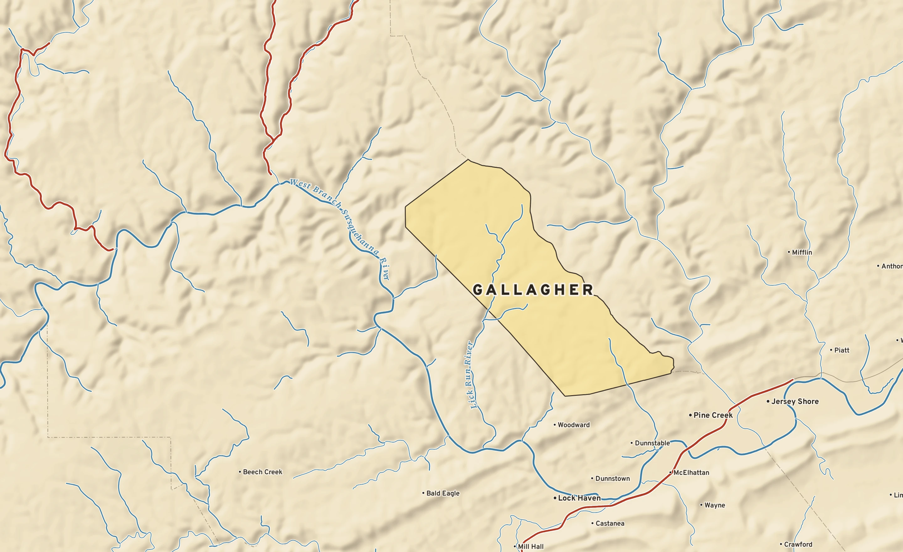 Shaded-relief atlas plate of Gallagher, Pennsylvania: rivers, roads, the city limits and where the water drains.