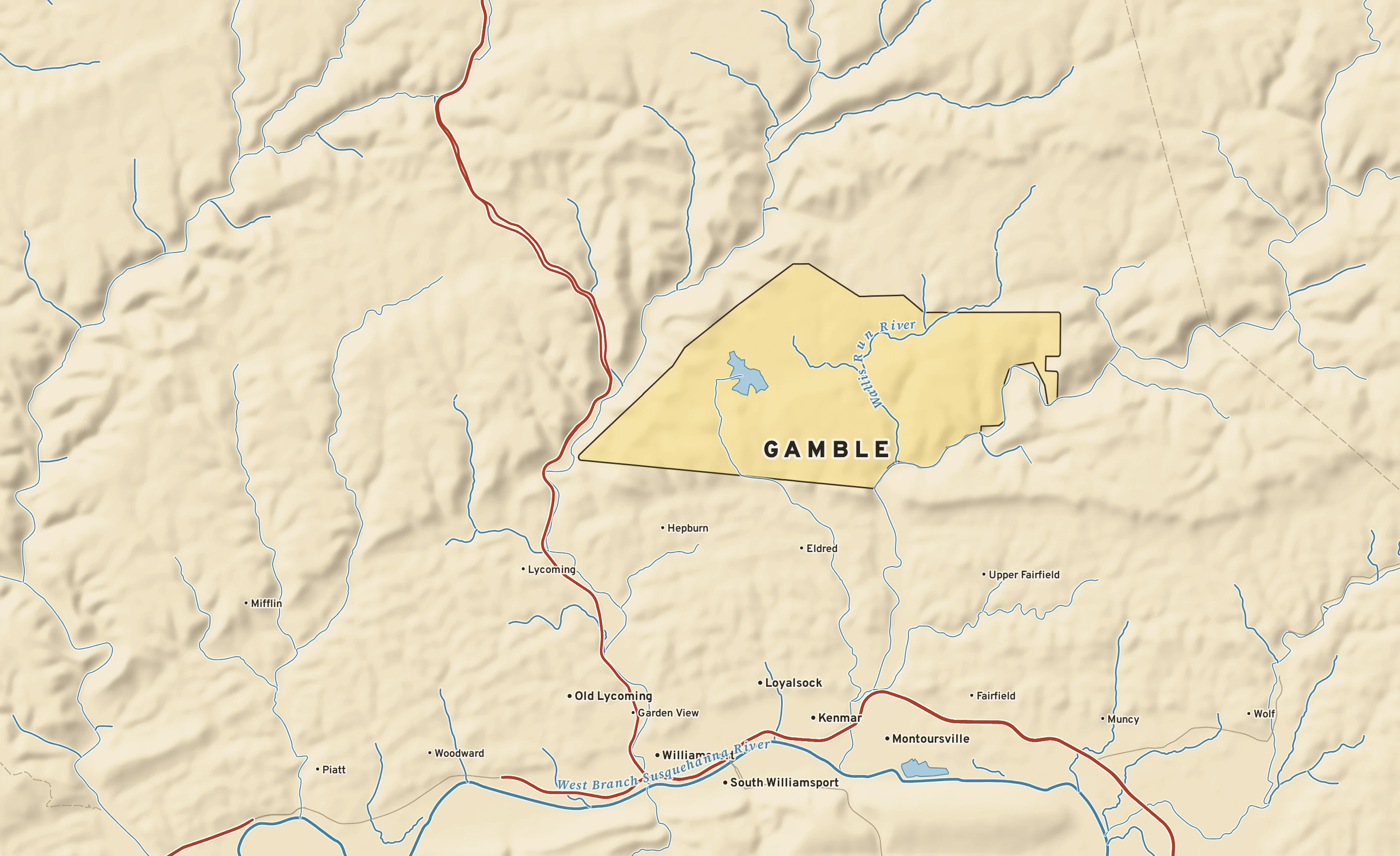 Shaded-relief atlas plate of Gamble, Pennsylvania: rivers, roads, the city limits and where the water drains.