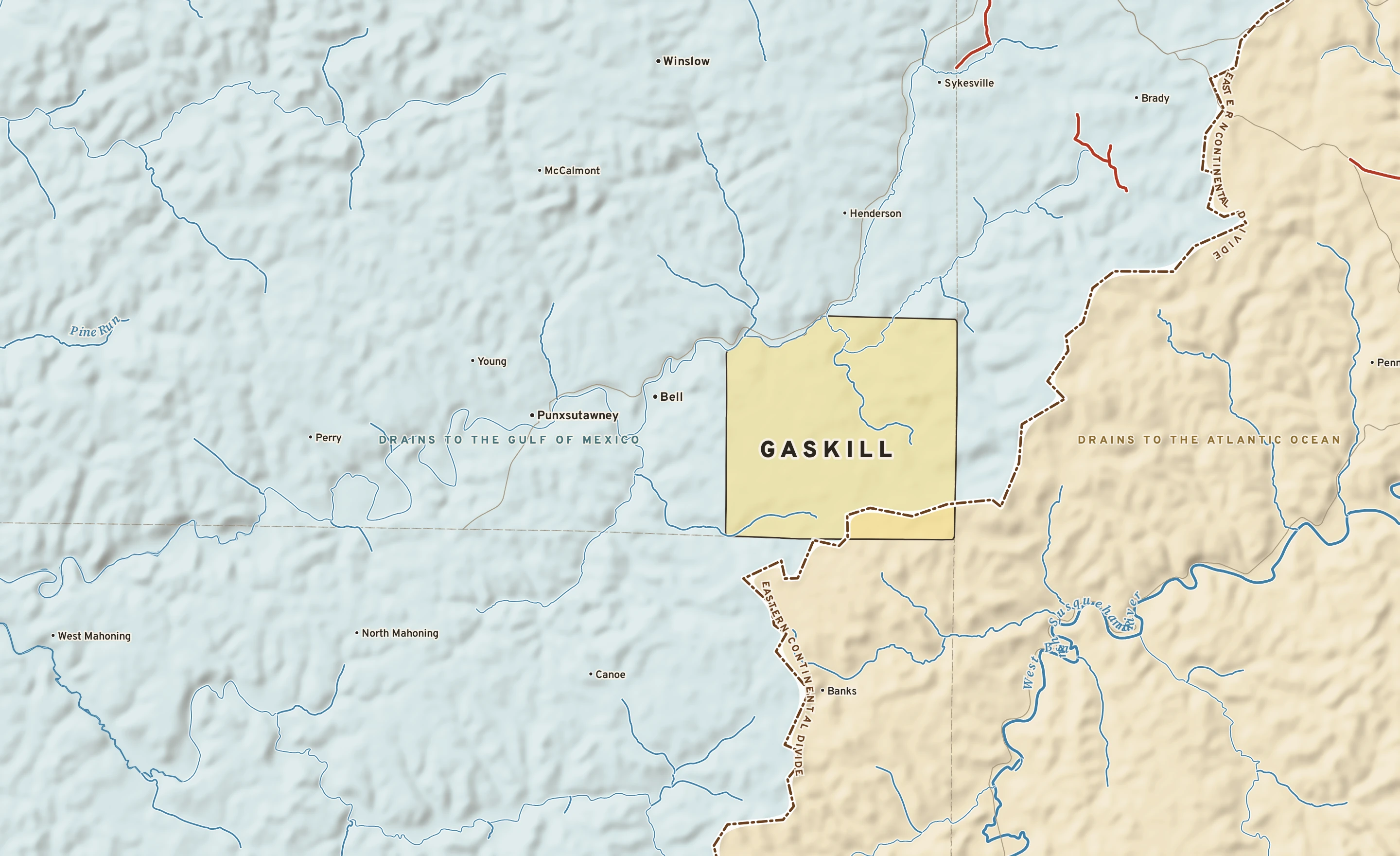 Shaded-relief atlas plate of Gaskill, Pennsylvania: rivers, roads, the city limits and where the water drains.