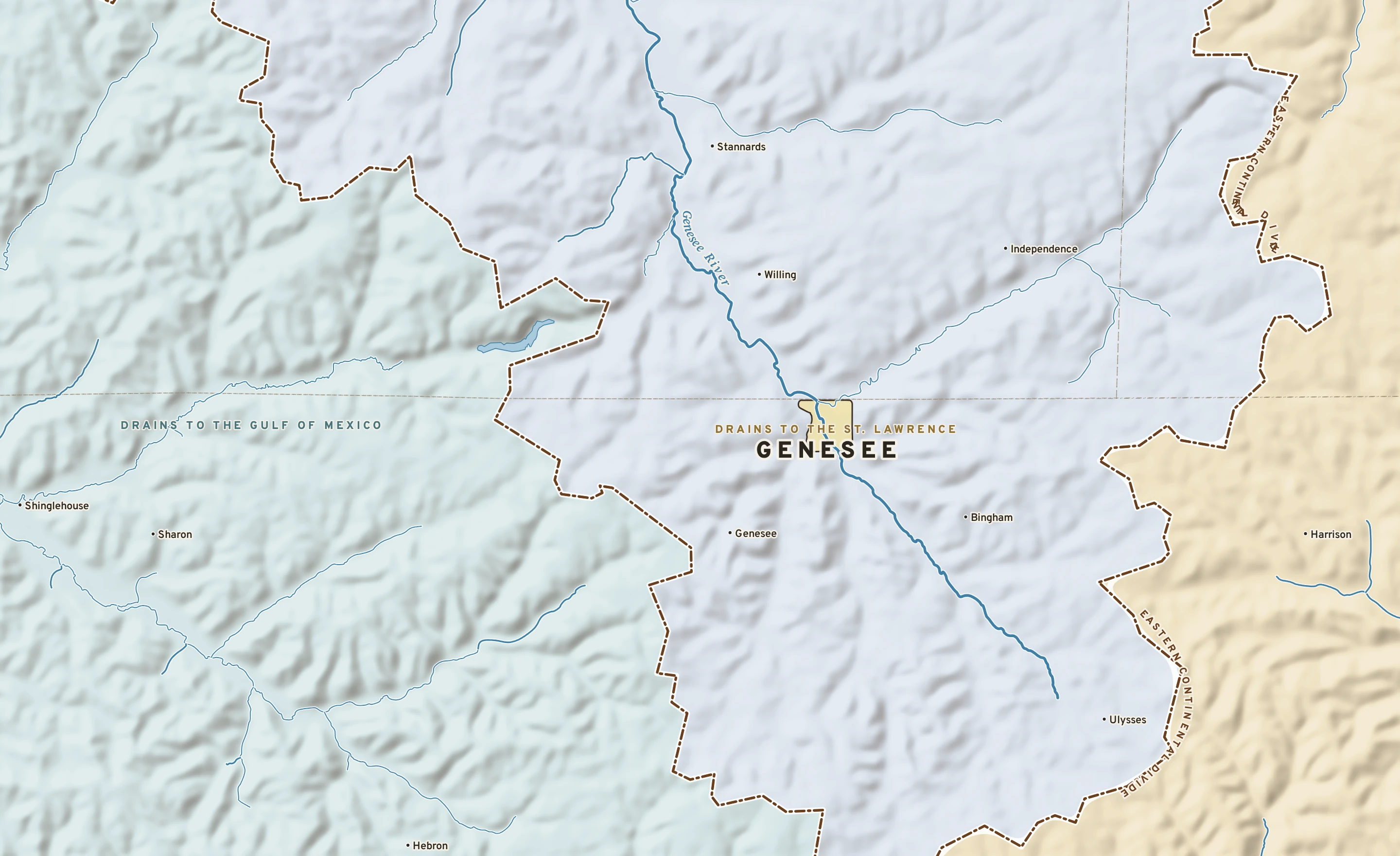 Shaded-relief atlas plate of Genesee, Pennsylvania: rivers, roads, the city limits and where the water drains.