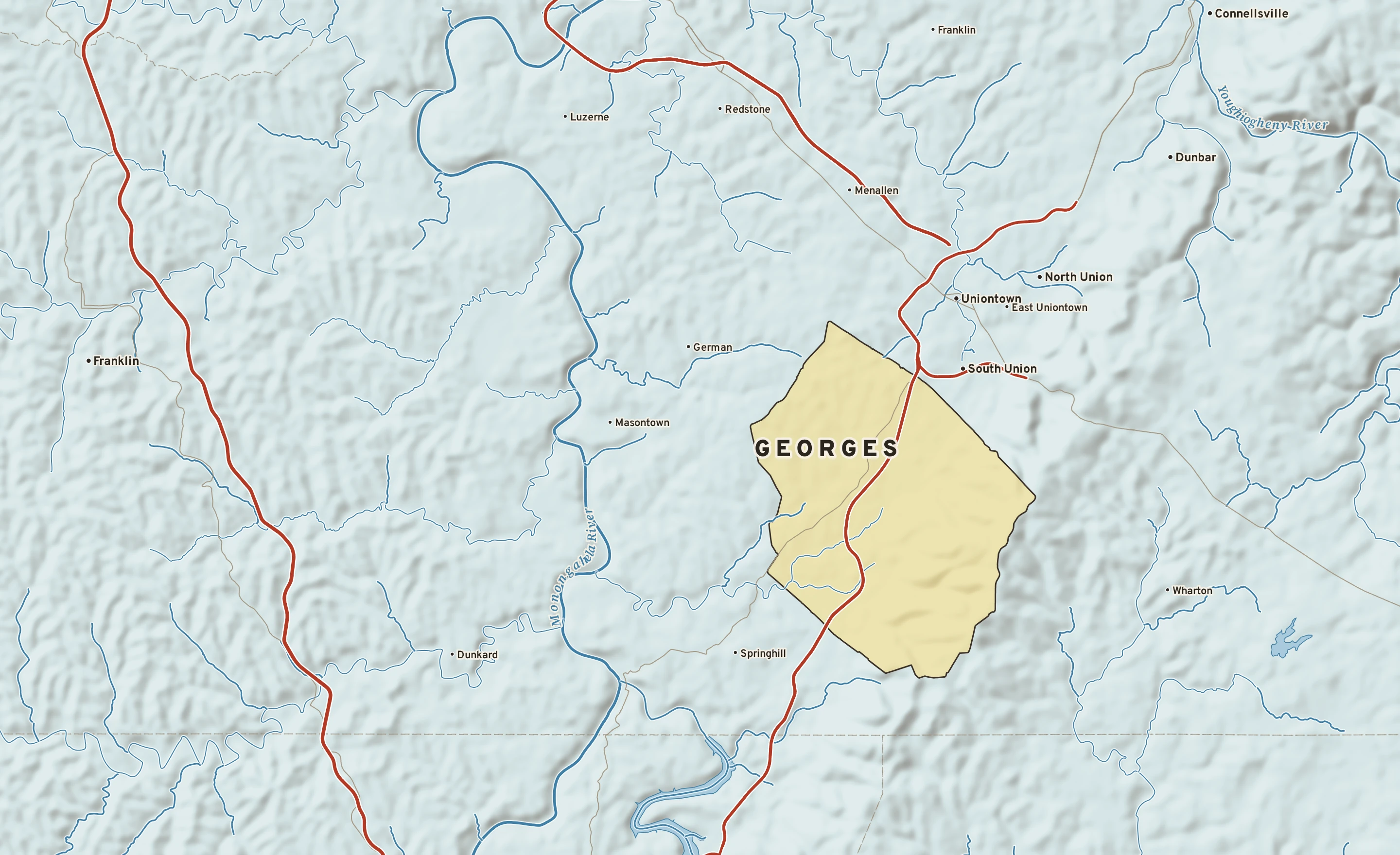 Shaded-relief atlas plate of Georges, Pennsylvania: rivers, roads, the city limits and where the water drains.
