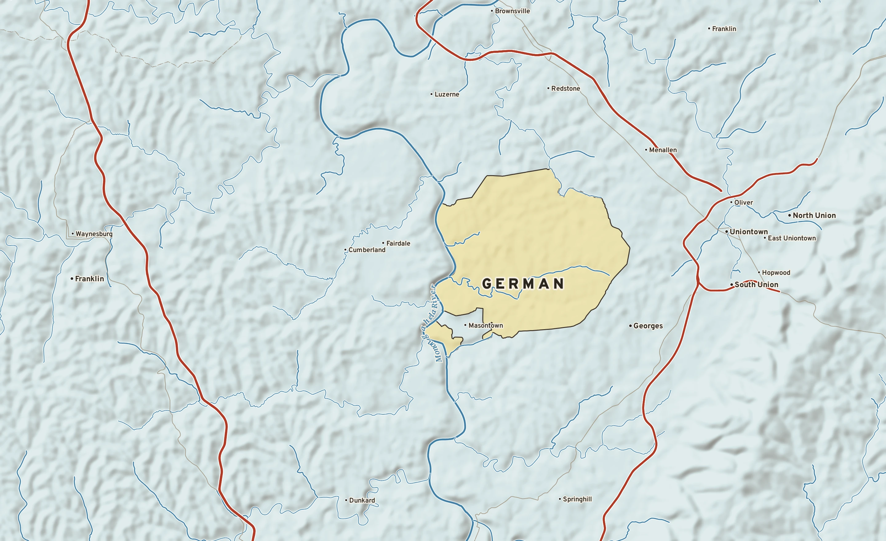 Shaded-relief atlas plate of German, Pennsylvania: rivers, roads, the city limits and where the water drains.