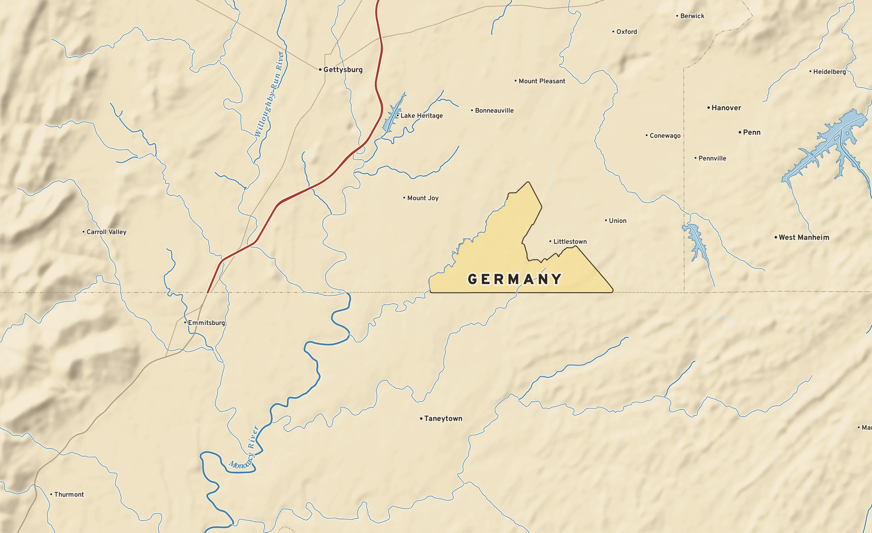 Shaded-relief atlas plate of Germany, Pennsylvania: rivers, roads, the city limits and where the water drains.
