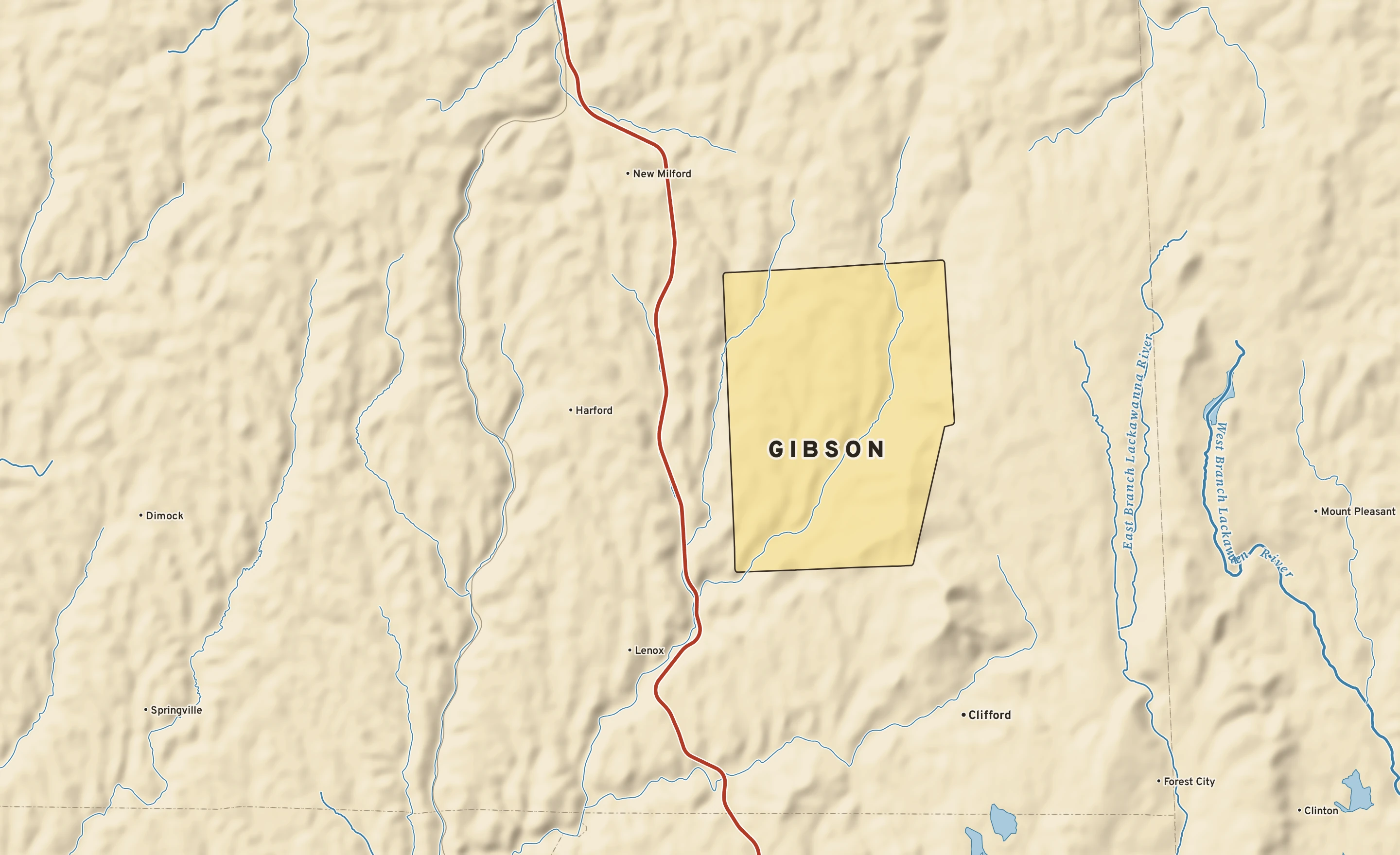 Shaded-relief atlas plate of Gibson, Pennsylvania: rivers, roads, the city limits and where the water drains.