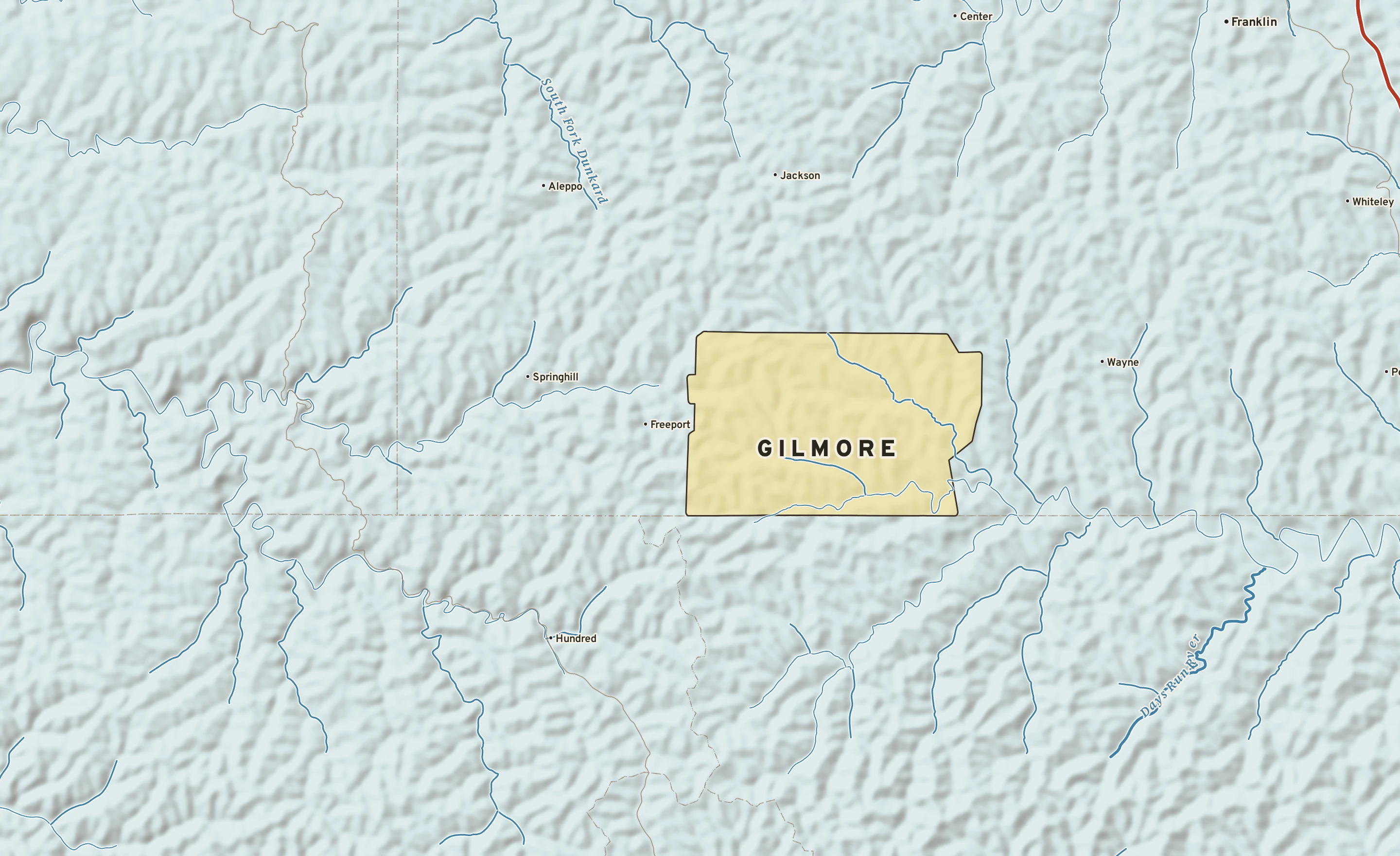 Shaded-relief atlas plate of Gilmore, Pennsylvania: rivers, roads, the city limits and where the water drains.