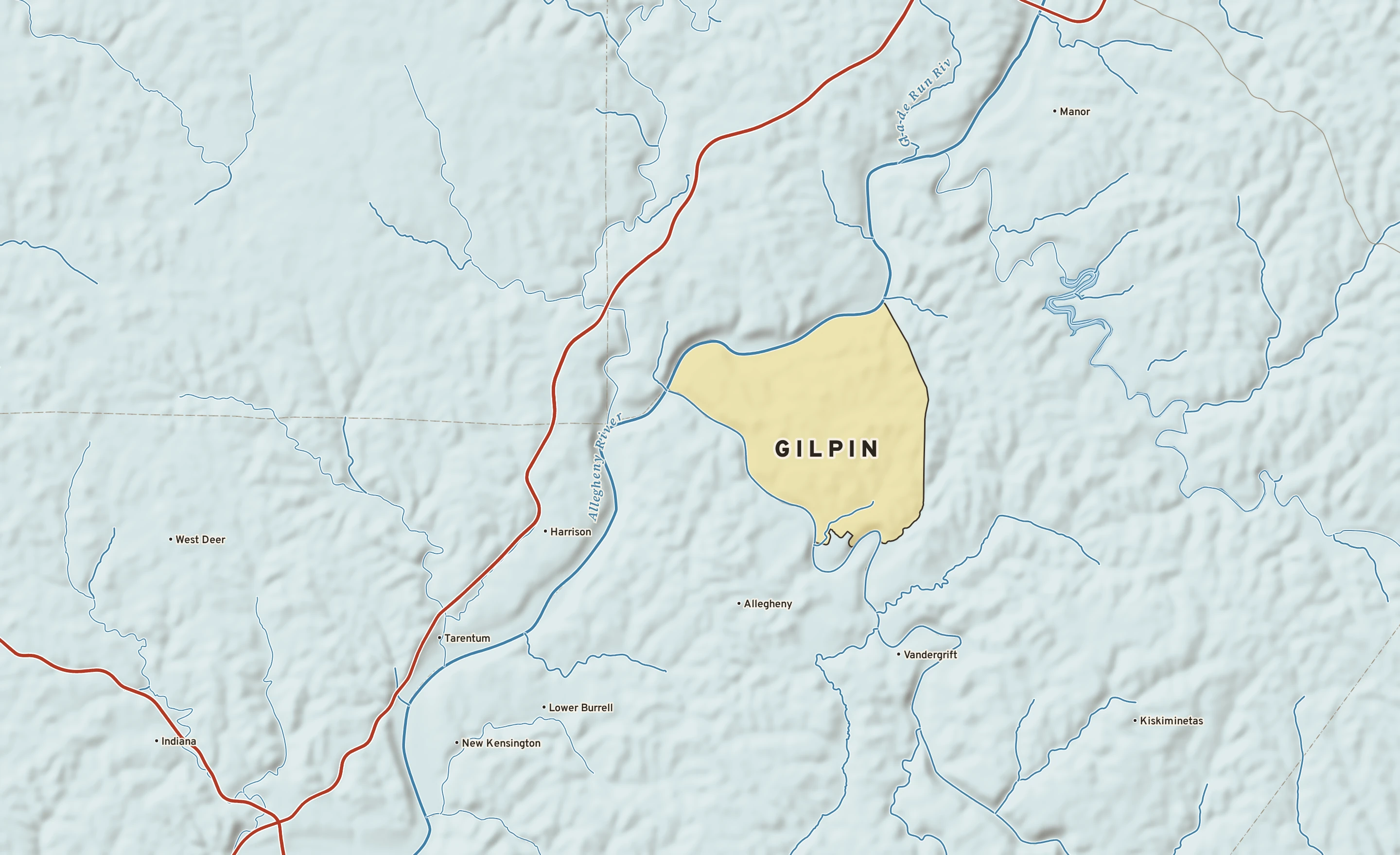 Shaded-relief atlas plate of Gilpin, Pennsylvania: rivers, roads, the city limits and where the water drains.