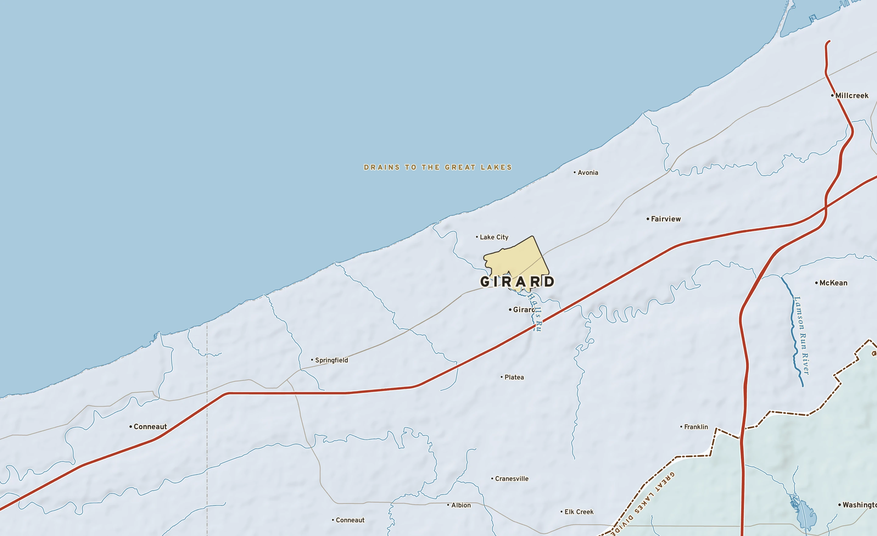 Shaded-relief atlas plate of Girard, Pennsylvania: rivers, roads, the city limits and where the water drains.