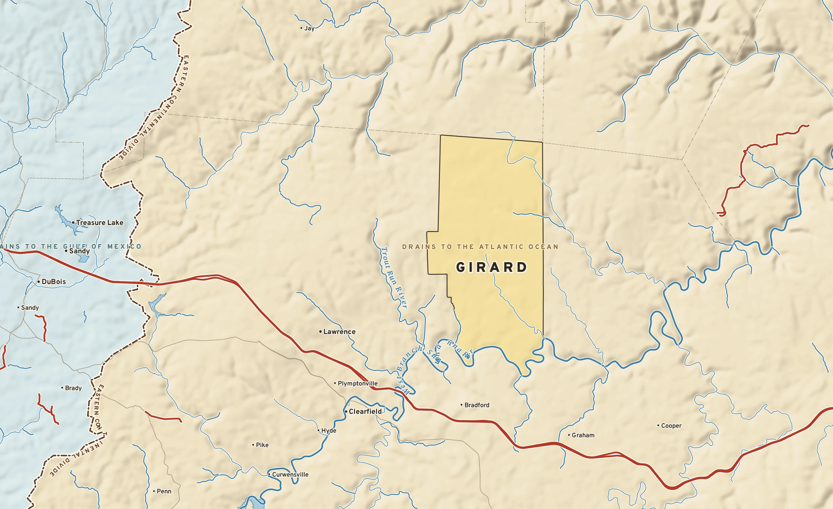 Shaded-relief atlas plate of Girard, Pennsylvania: rivers, roads, the city limits and where the water drains.