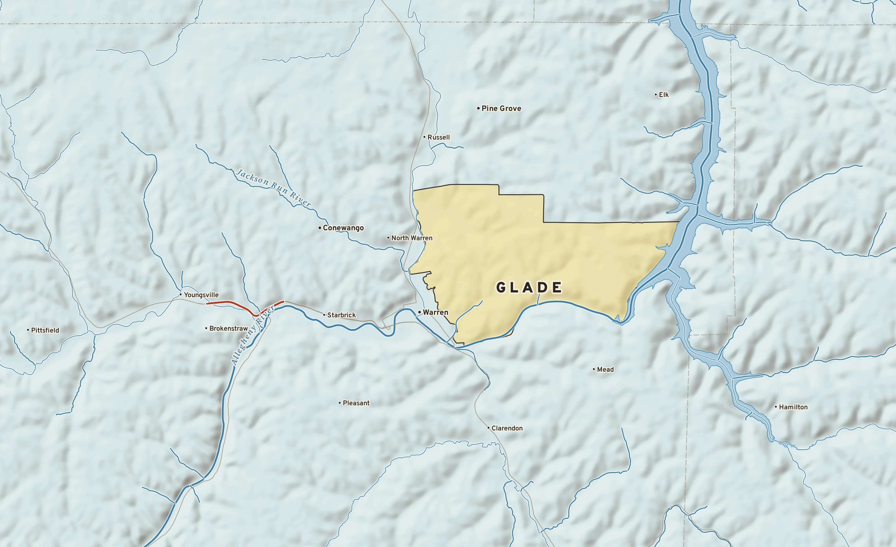 Shaded-relief atlas plate of Glade, Pennsylvania: rivers, roads, the city limits and where the water drains.