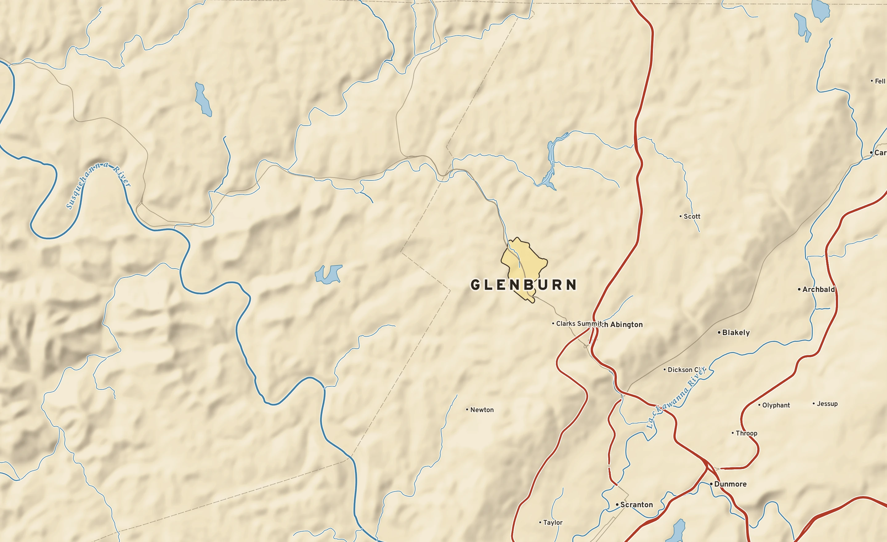 Shaded-relief atlas plate of Glenburn, Pennsylvania: rivers, roads, the city limits and where the water drains.