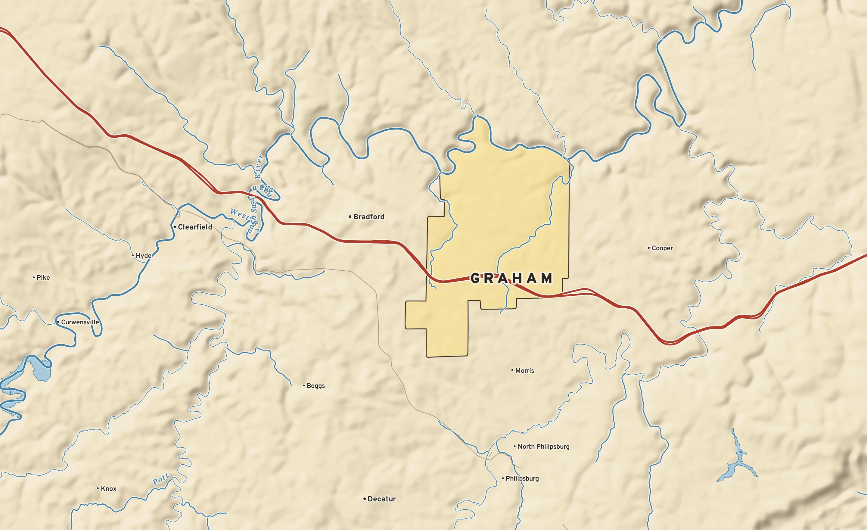 Shaded-relief atlas plate of Graham, Pennsylvania: rivers, roads, the city limits and where the water drains.